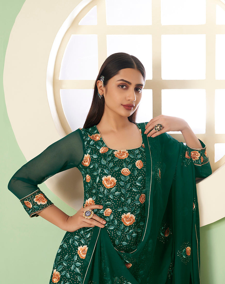 Dark Green Georgette Embroidered Plazzo Salwar Kameez