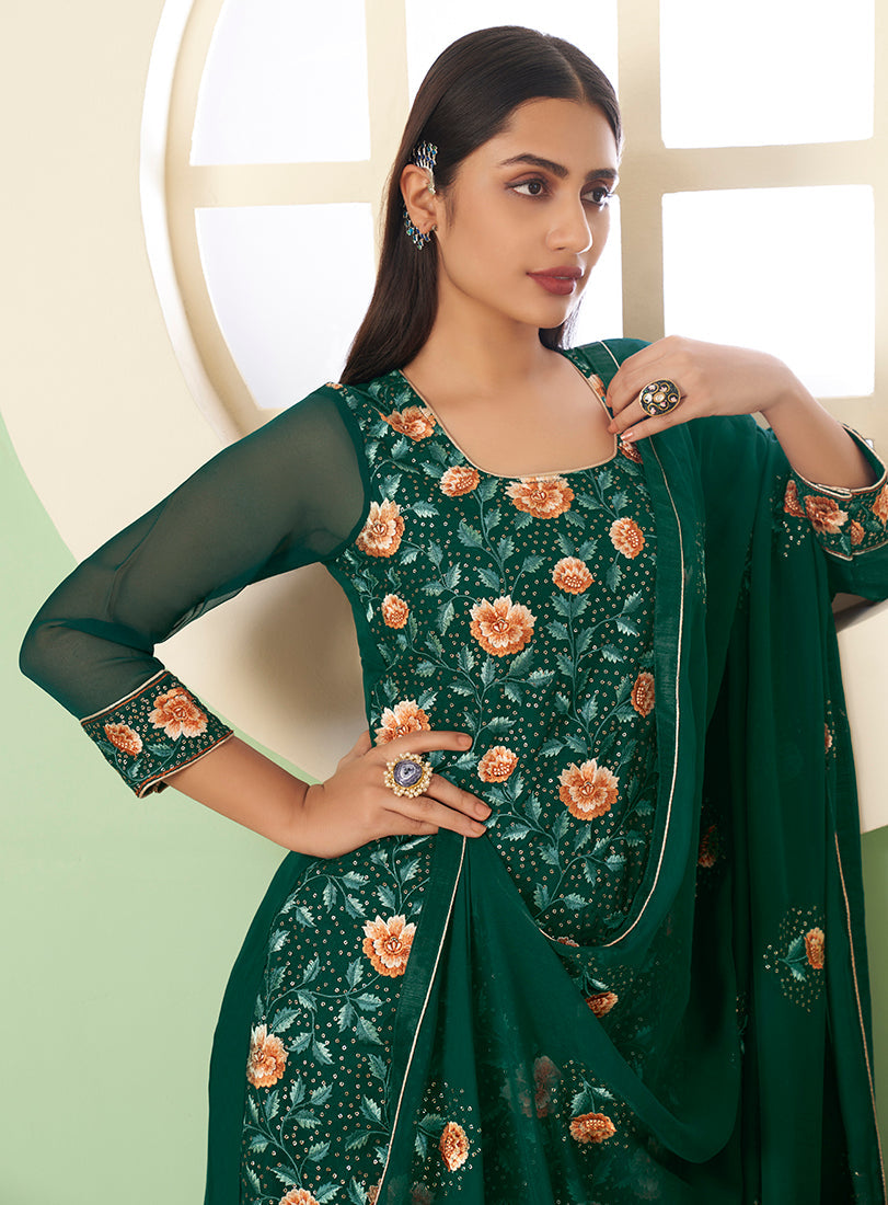 Dark Green Georgette Embroidered Plazzo Salwar Kameez