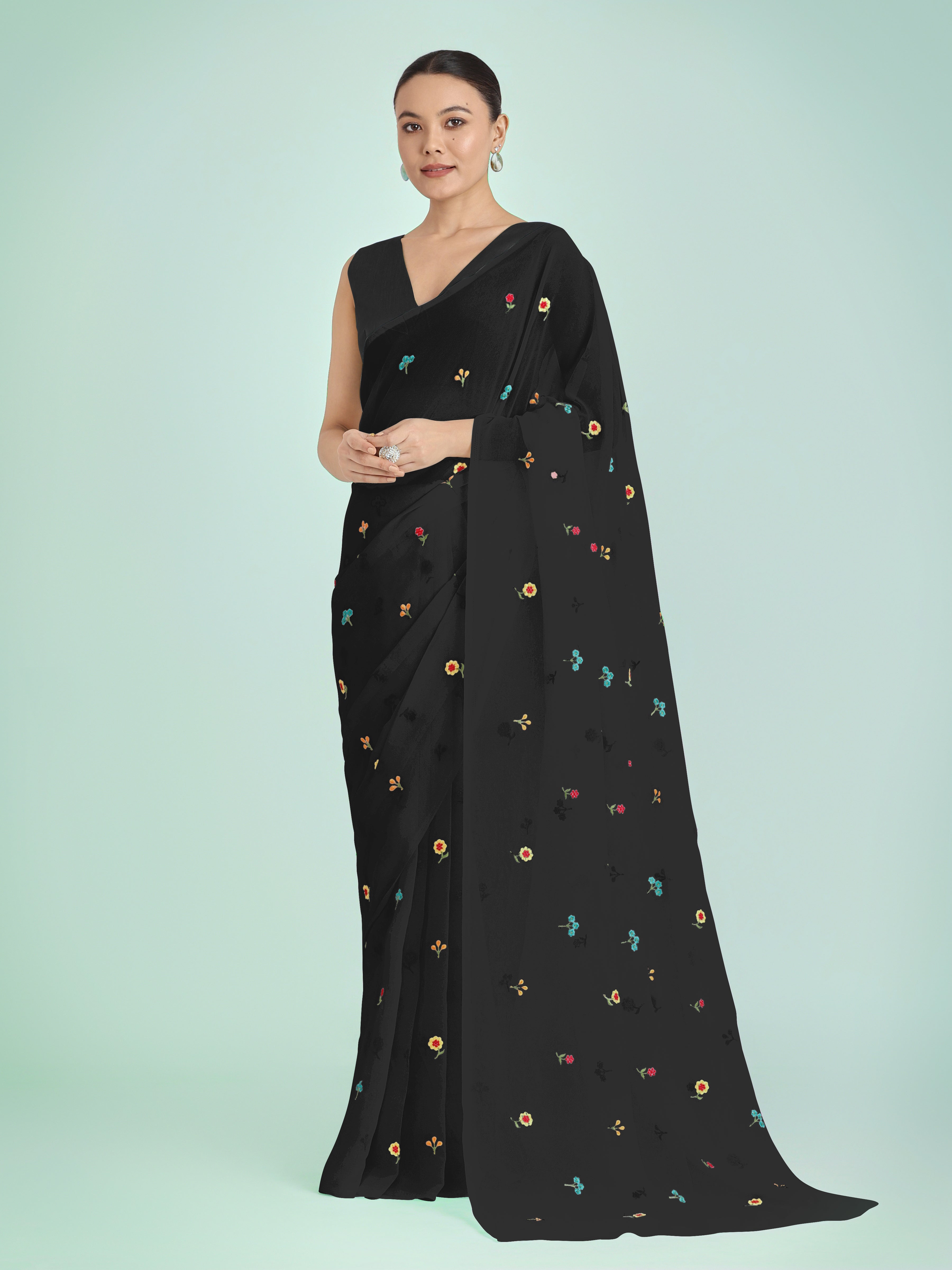 Black Georgette Embroidered Work Causal Saree