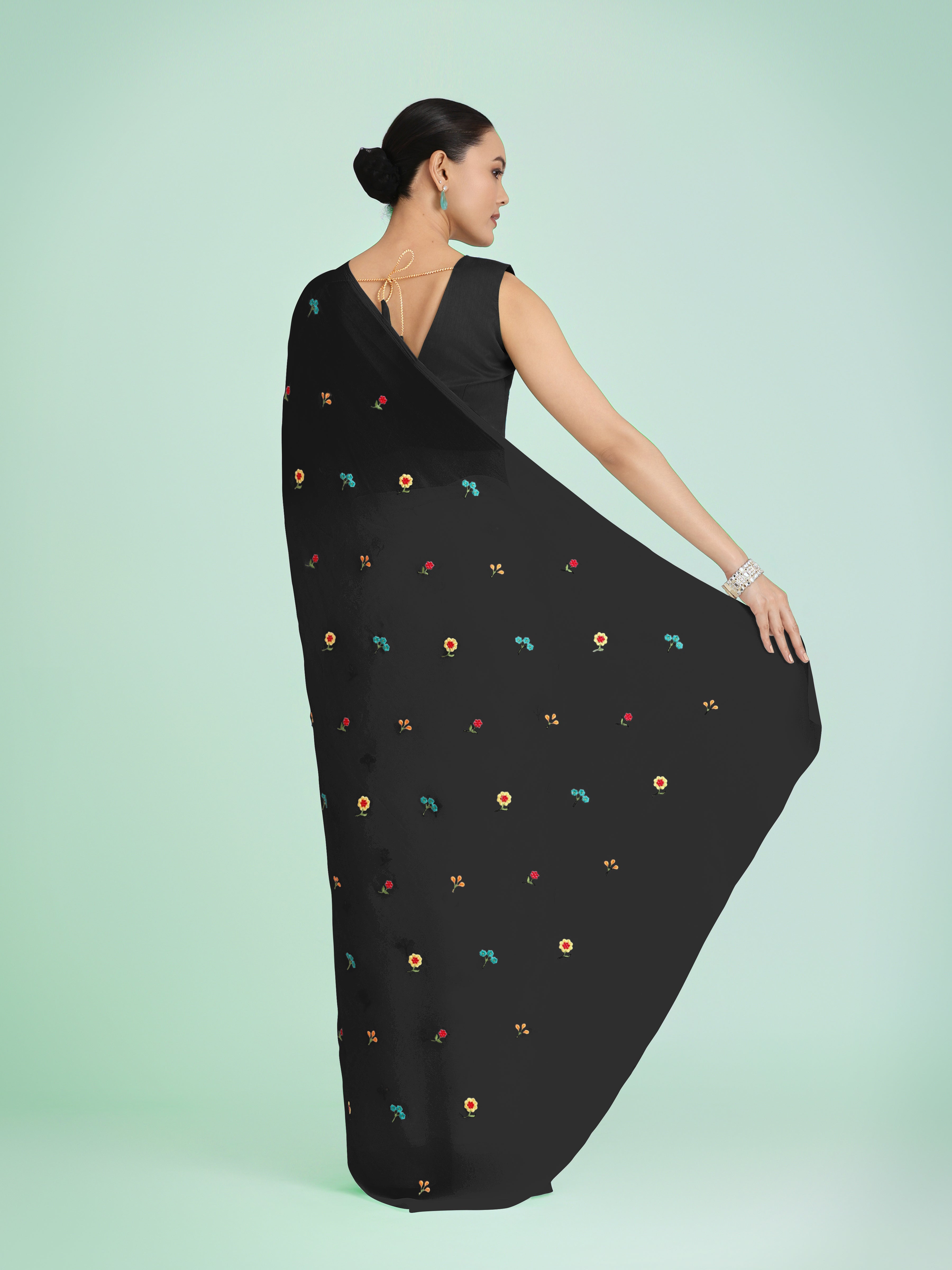 Black Georgette Embroidered Work Causal Saree