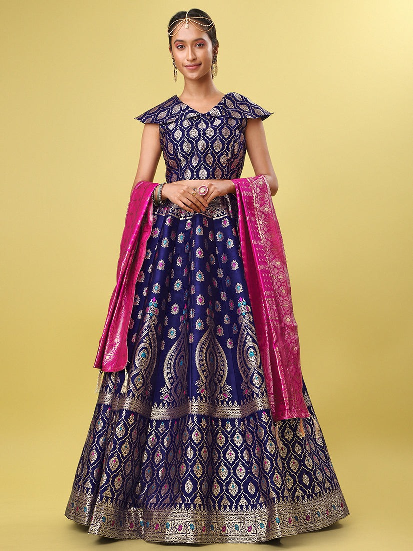 Navy Blue Jacquard Zari Woven Lehenga With Rani Pink Banarasi Dupatta