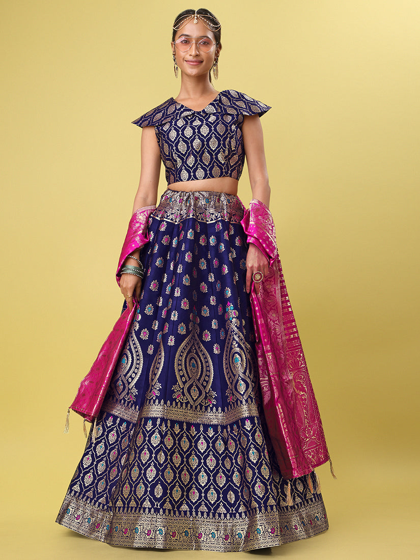 Navy Blue Jacquard Zari Woven Lehenga With Rani Pink Banarasi Dupatta