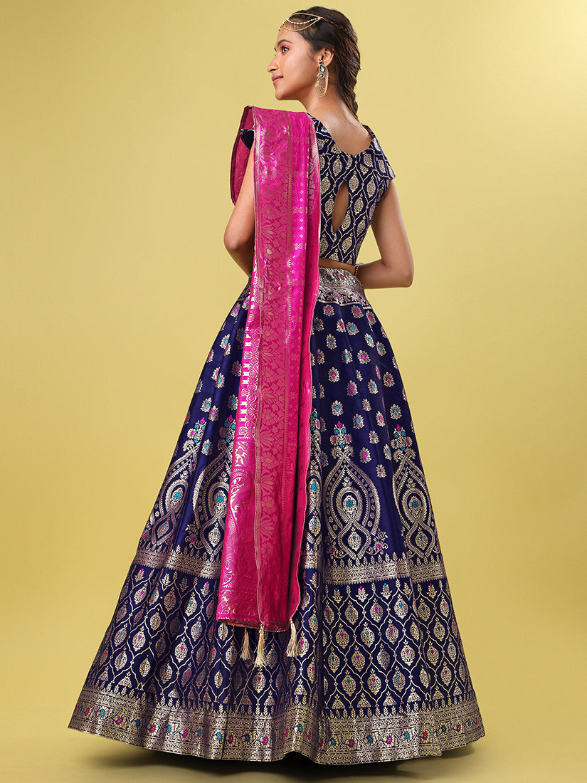 Navy Blue Jacquard Zari Woven Lehenga With Rani Pink Banarasi Dupatta