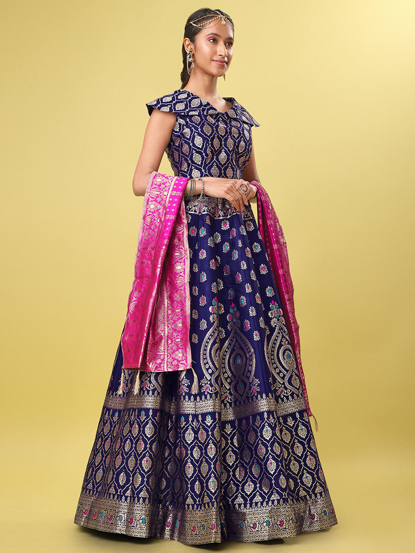 Navy Blue Jacquard Zari Woven Lehenga With Rani Pink Banarasi Dupatta