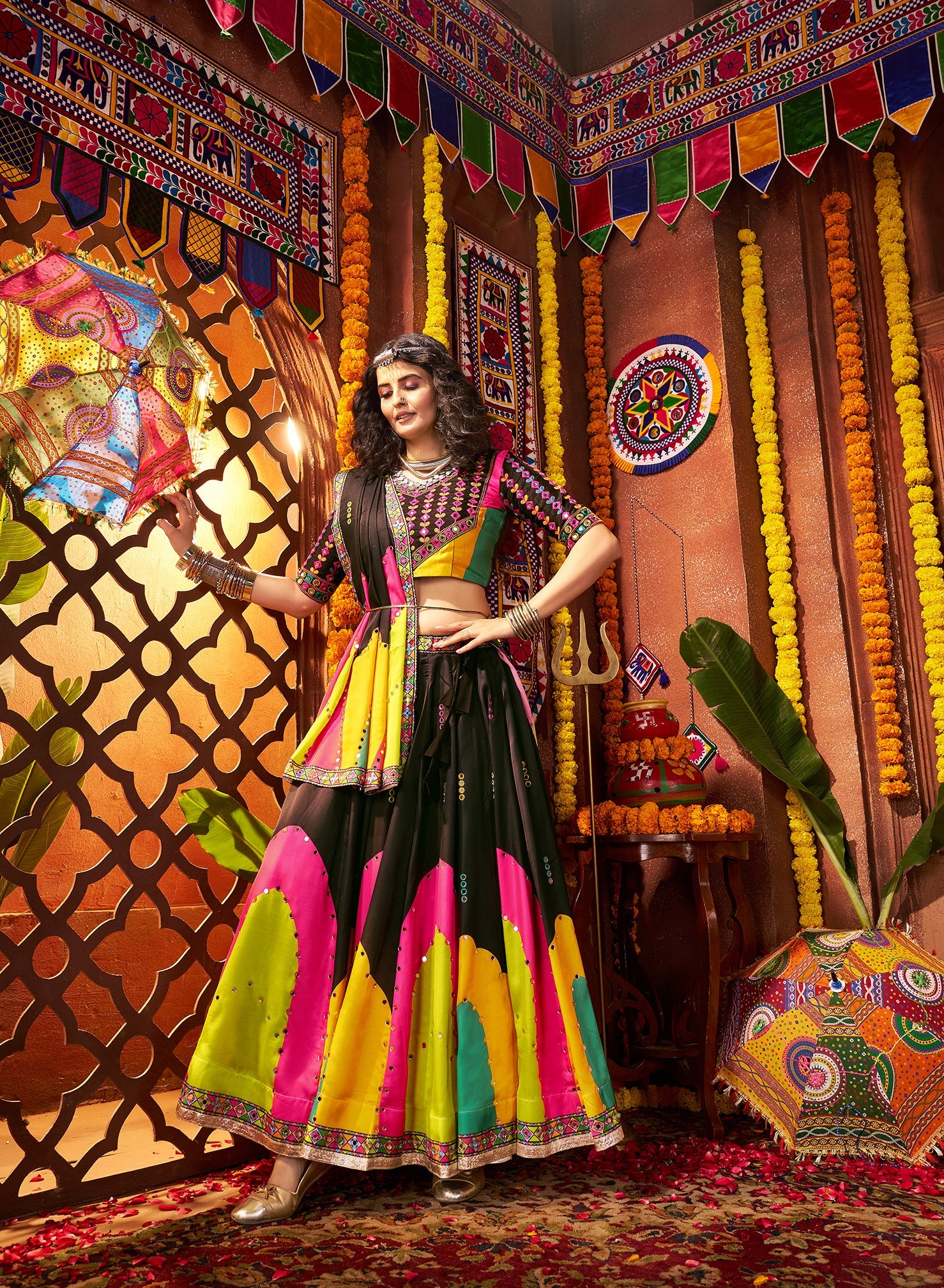 Black Gajji silk Thread Mirror Work Navratri Lehenga Choli