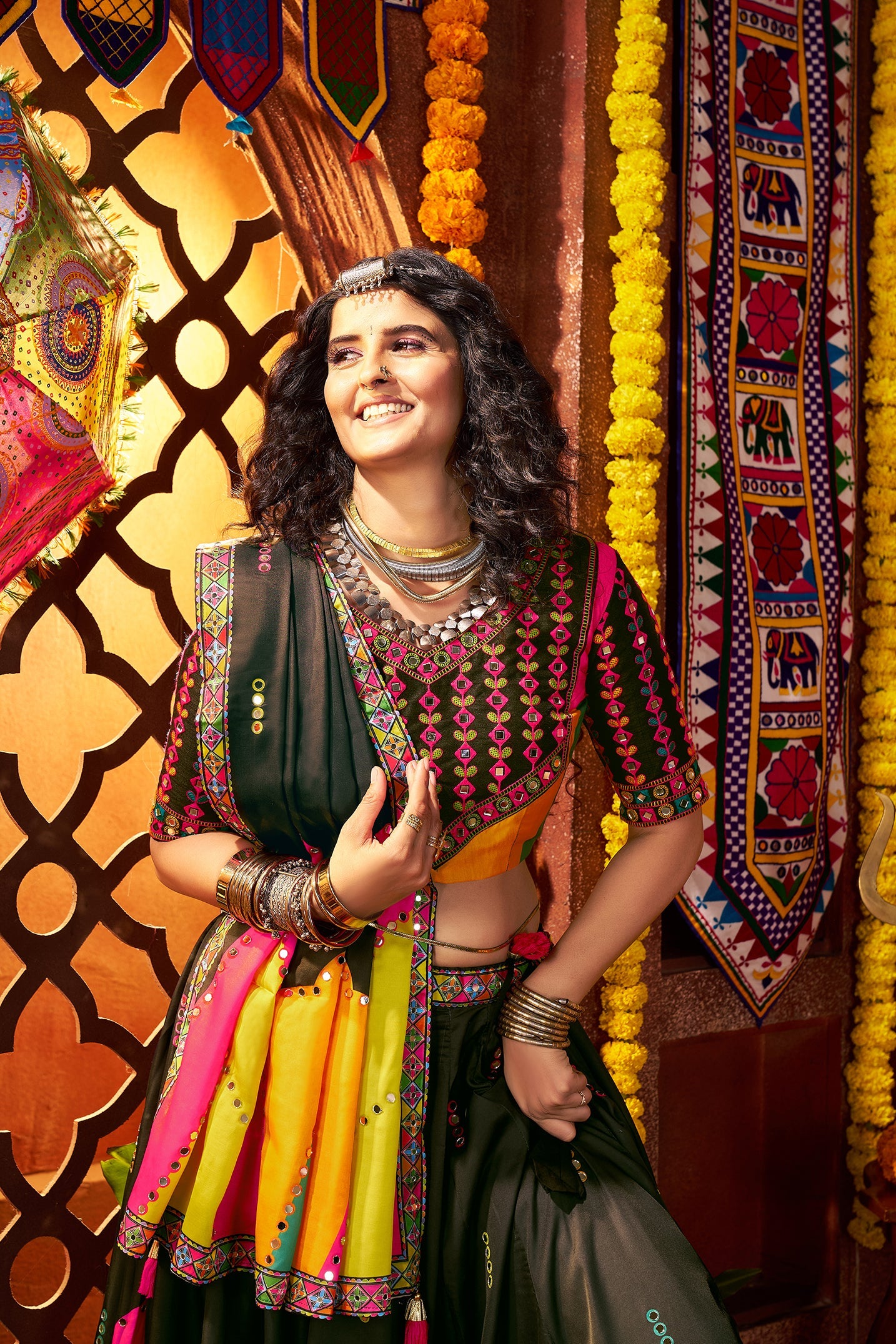 Black Gajji silk Thread Mirror Work Navratri Lehenga Choli