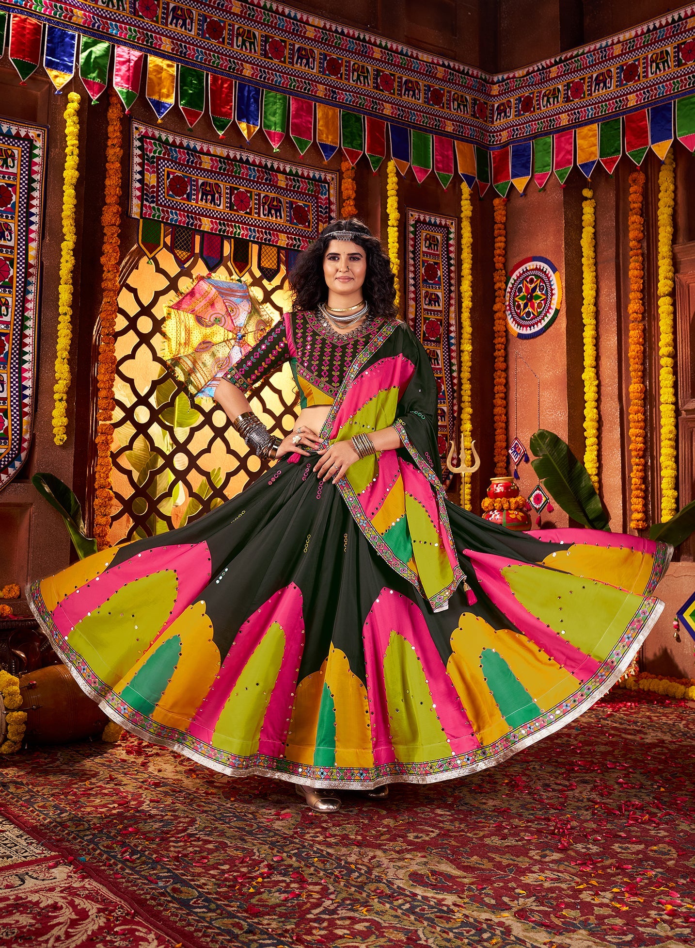 Black Gajji silk Thread Mirror Work Navratri Lehenga Choli