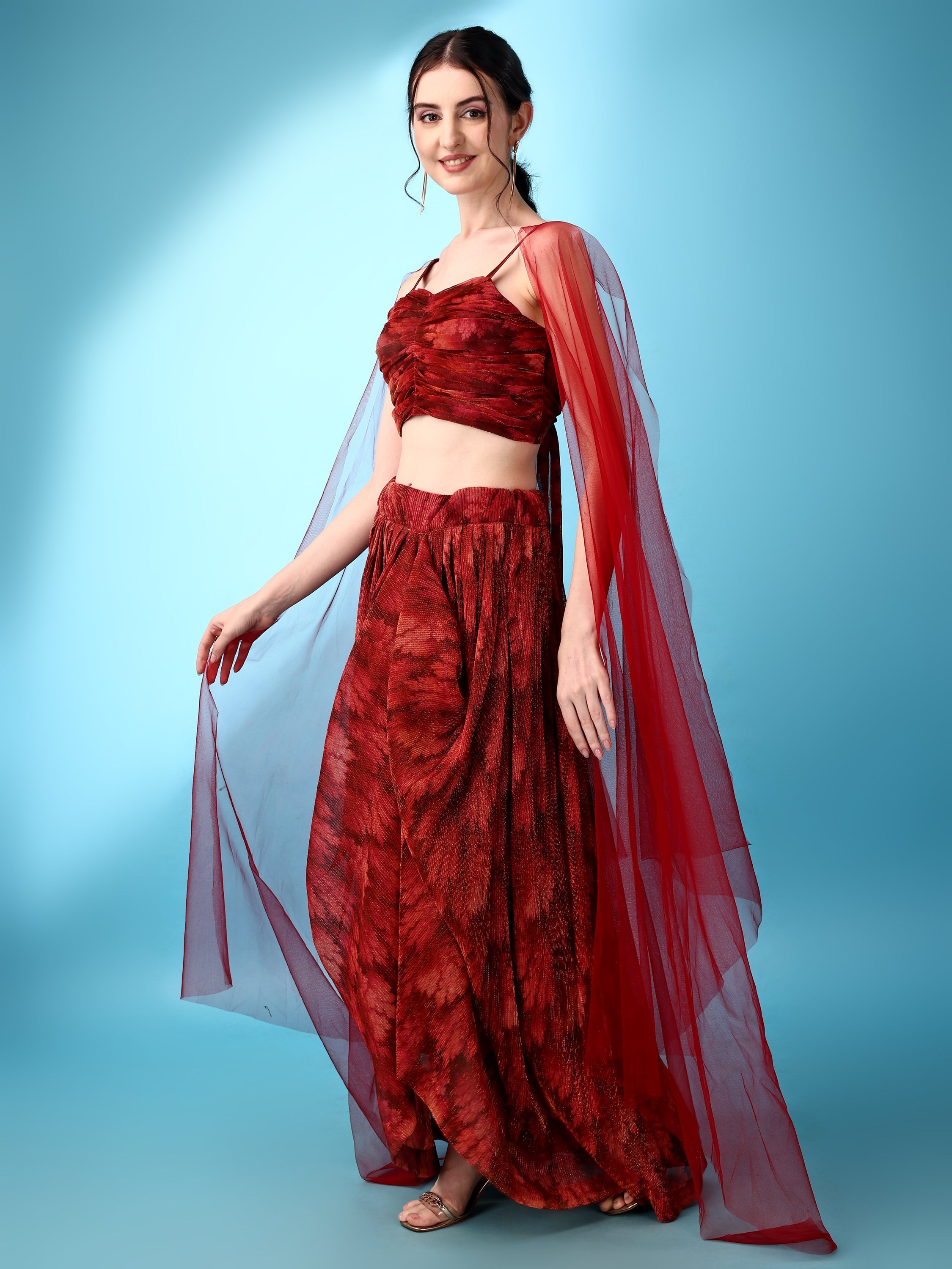 Red Abstract Print Lycra Lehenga Set