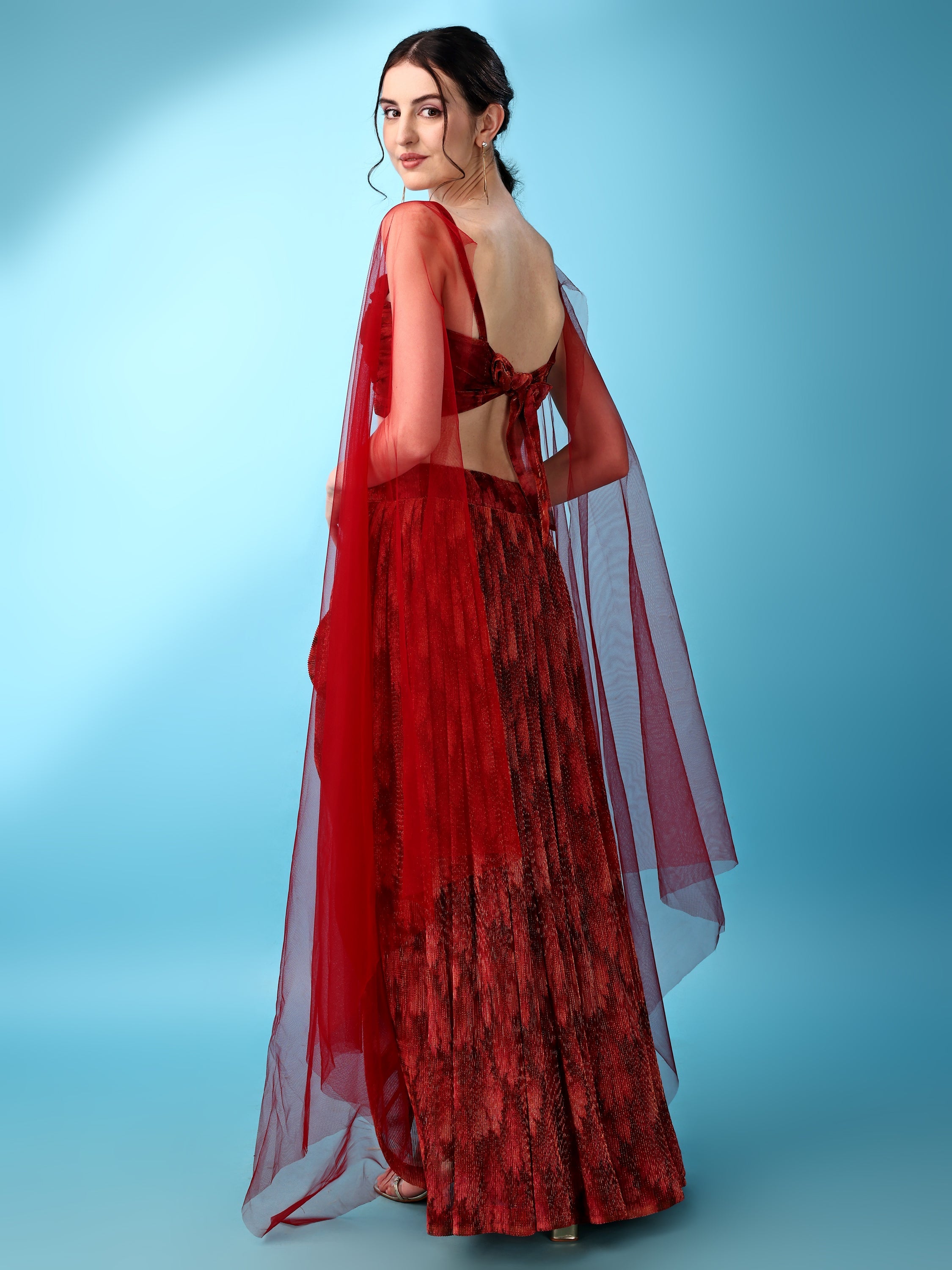 Red Abstract Print Lycra Lehenga Set