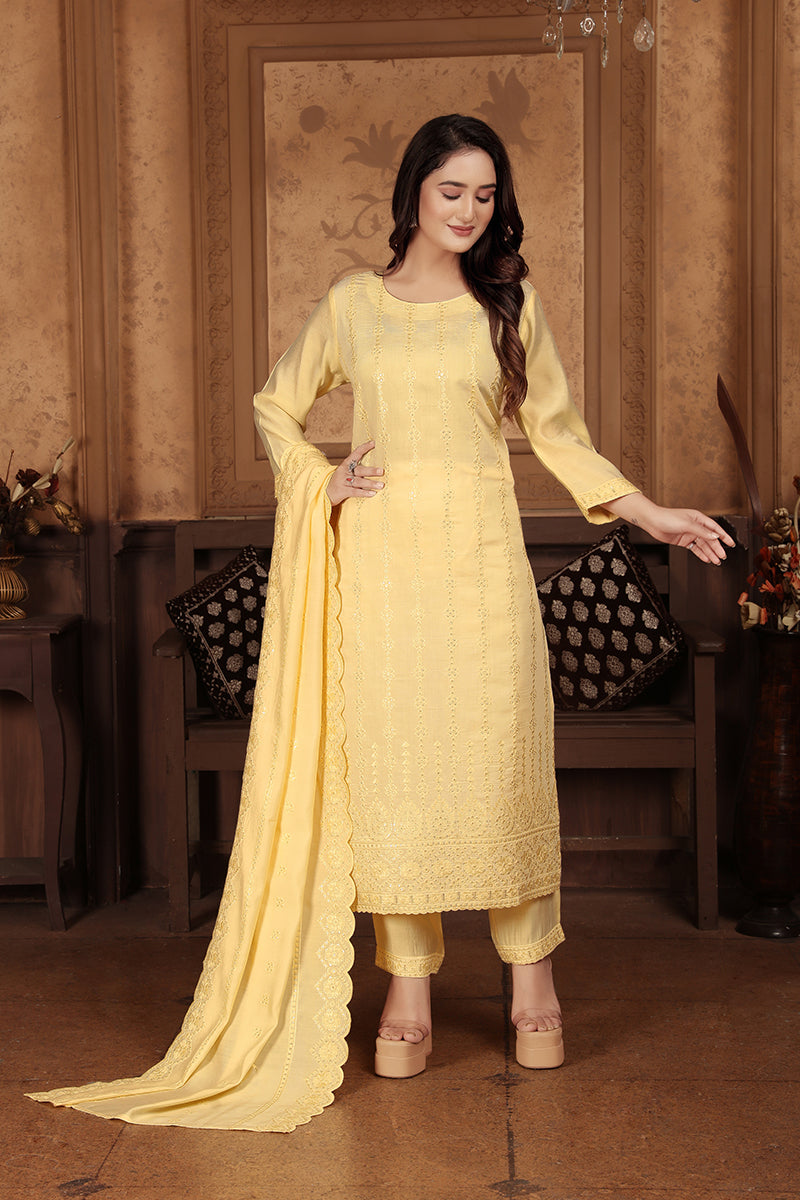 Light Yellow Chanderi With Heavy Sequence Embroidery Classic Suit