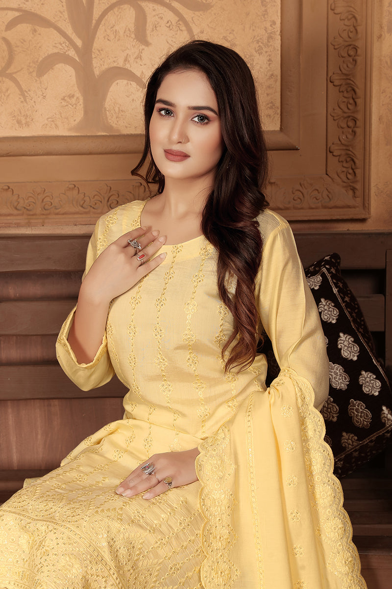Light Yellow Chanderi With Heavy Sequence Embroidery Classic Suit