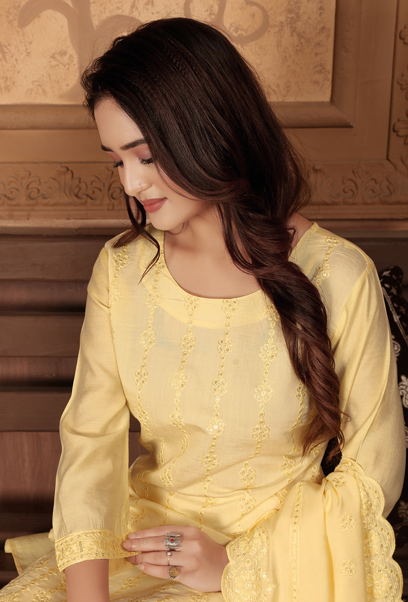 Light Yellow Chanderi With Heavy Sequence Embroidery Classic Suit