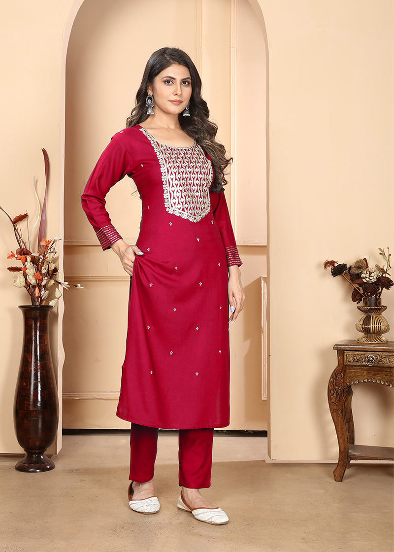 Red Premium Rayon Heavy Sequence Embroidery Kurti Pant Pair