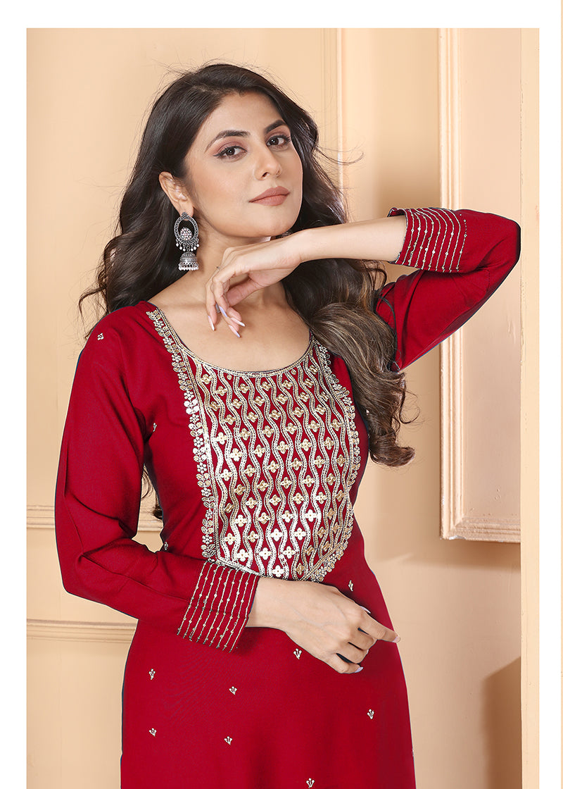 Red Premium Rayon Heavy Sequence Embroidery Kurti Pant Pair