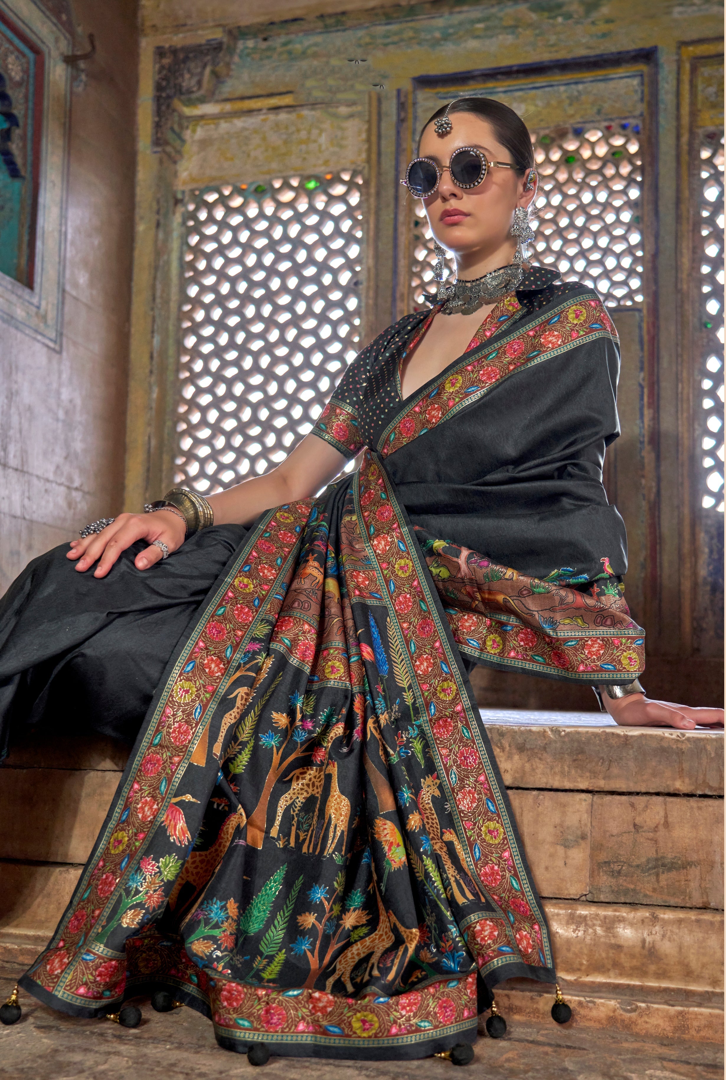Black Printed Silk Contemporary Saree