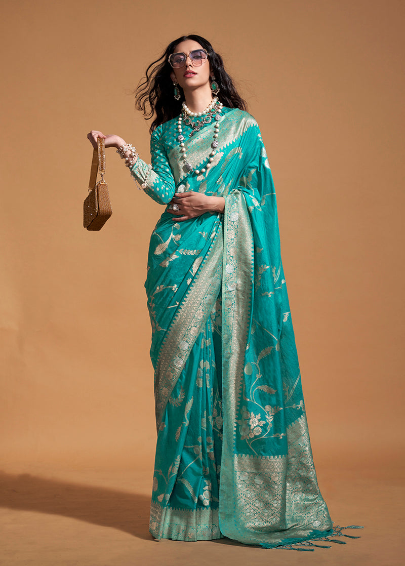 Aqua Blue Pure Georgette Saree in Classic Zari Weave