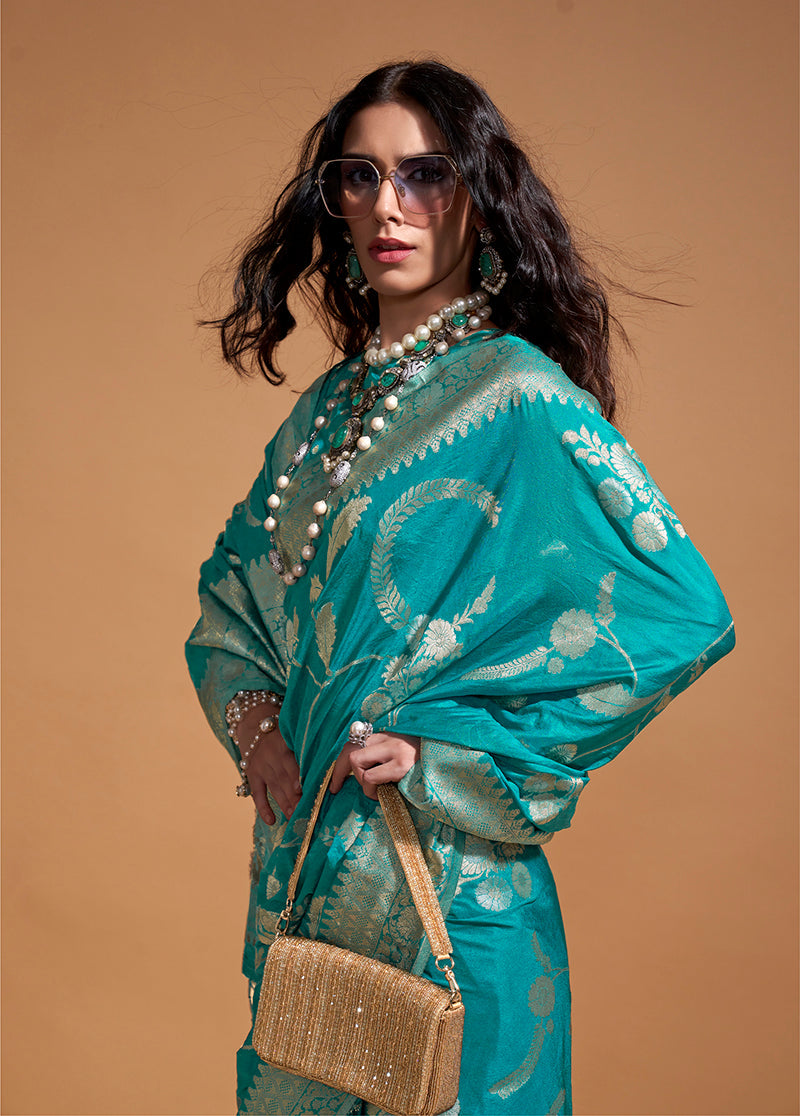 Aqua Blue Pure Georgette Saree in Classic Zari Weave