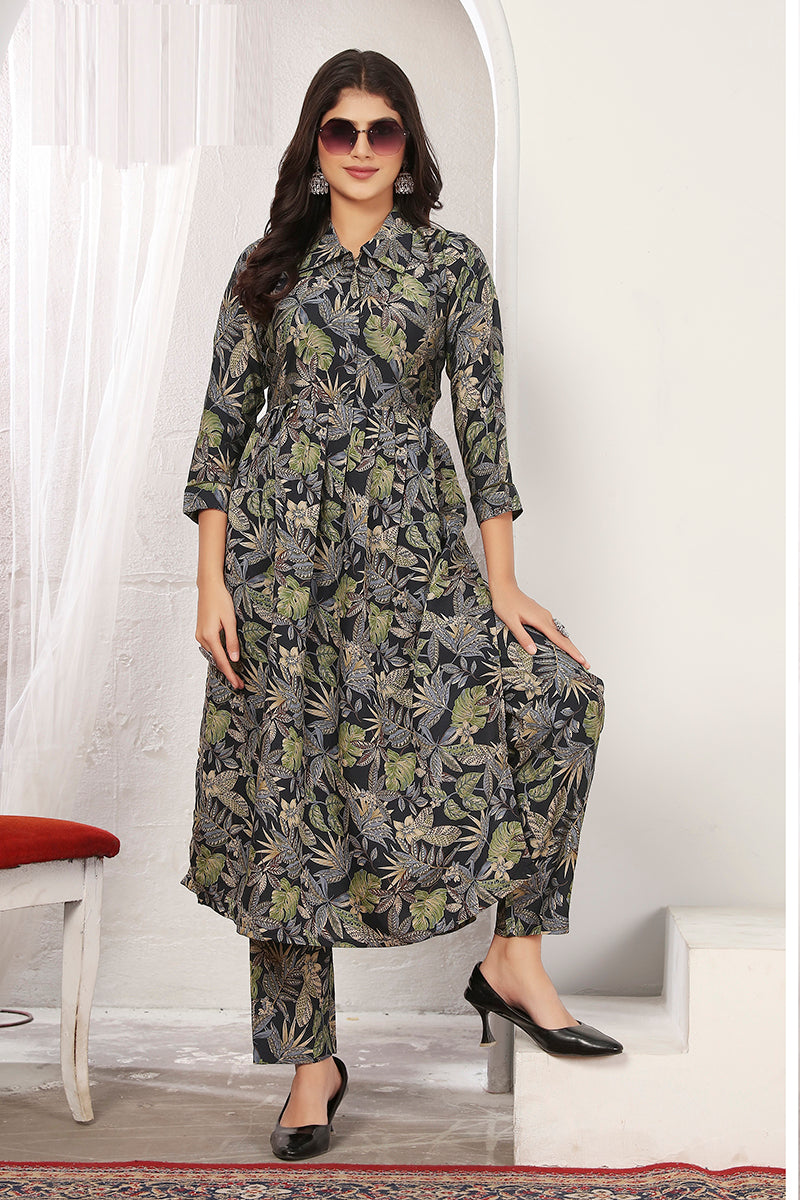 Black Rayon Floral Print Casual Trendy Co ord Set