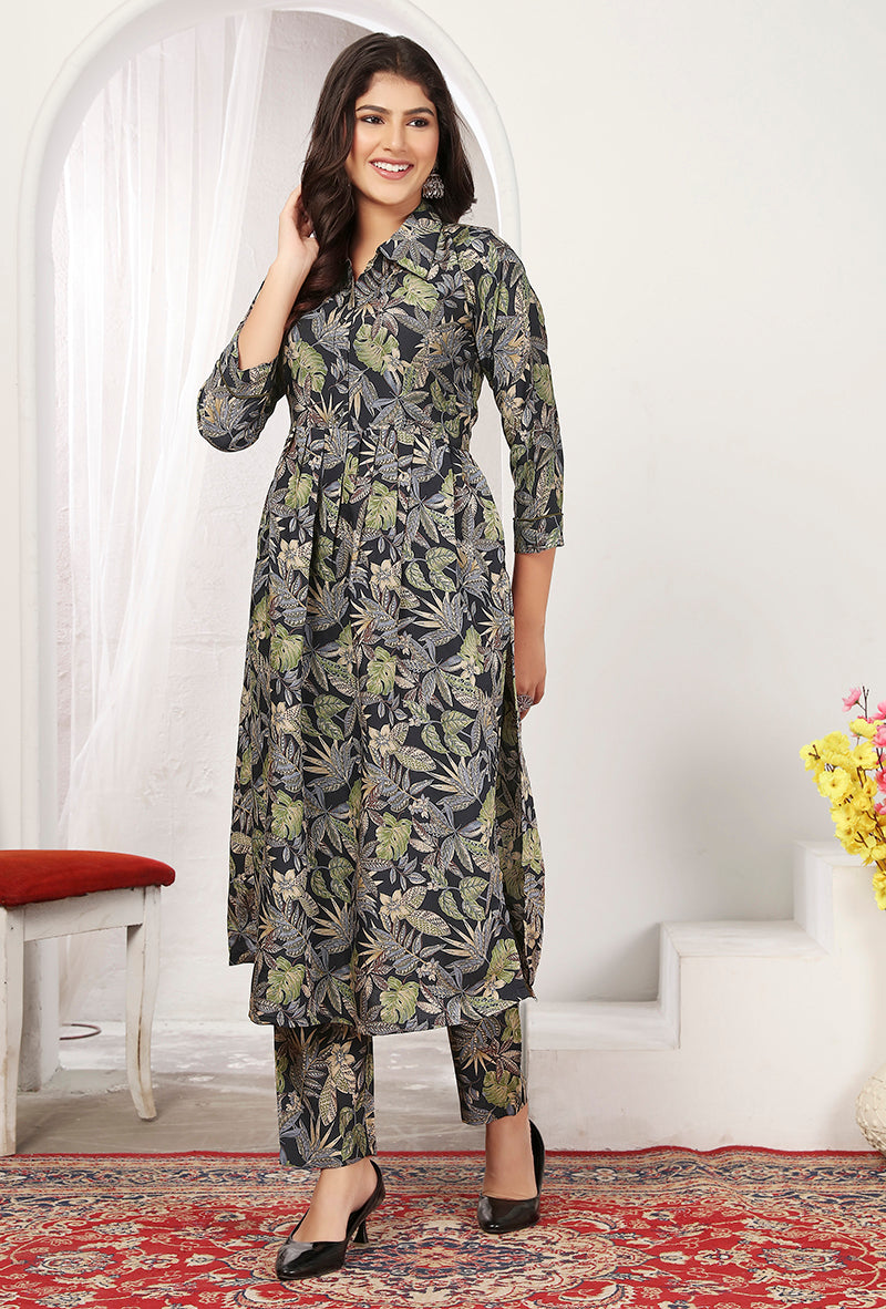Black Rayon Floral Print Casual Trendy Co ord Set