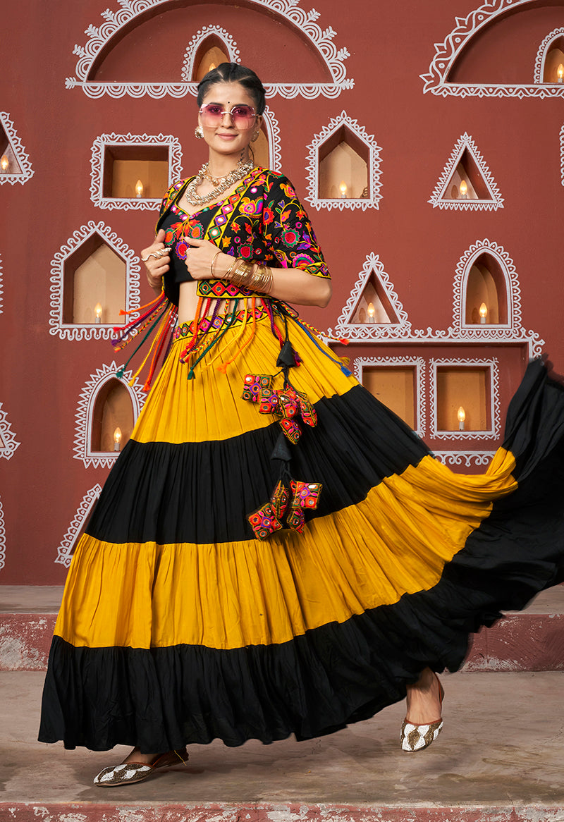 Black and Mustard Rayon Readymade Koti Style Lehenga