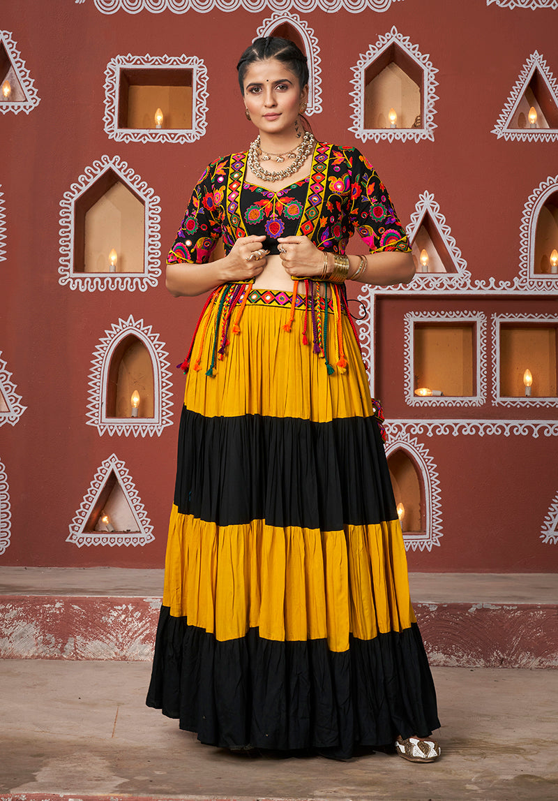 Black and Mustard Rayon Readymade Koti Style Lehenga