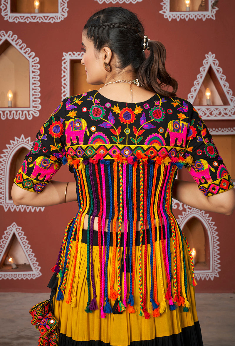 Black and Mustard Rayon Readymade Koti Style Lehenga