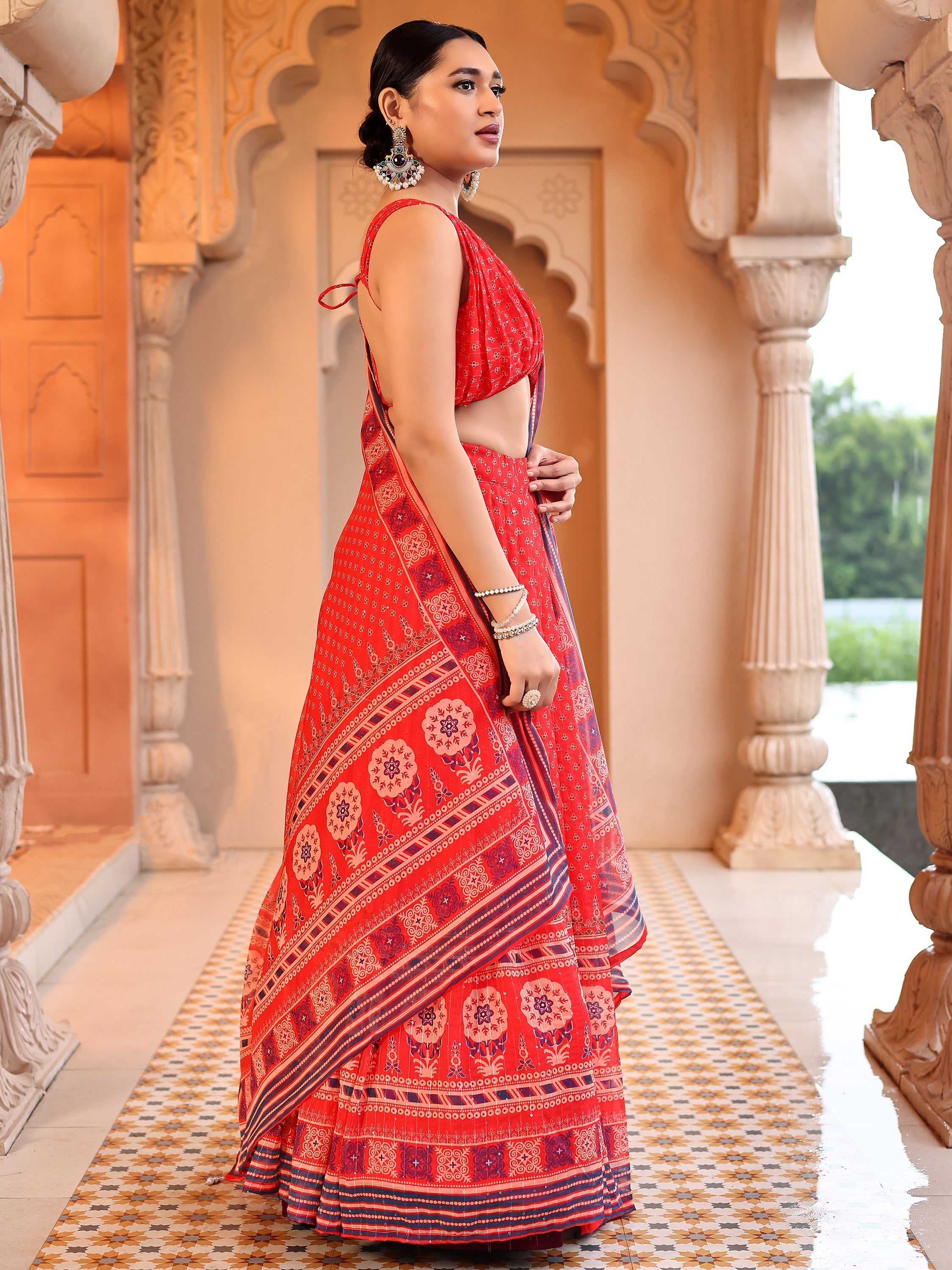 Red Printed Sequin Chiffon Lehenga Choli