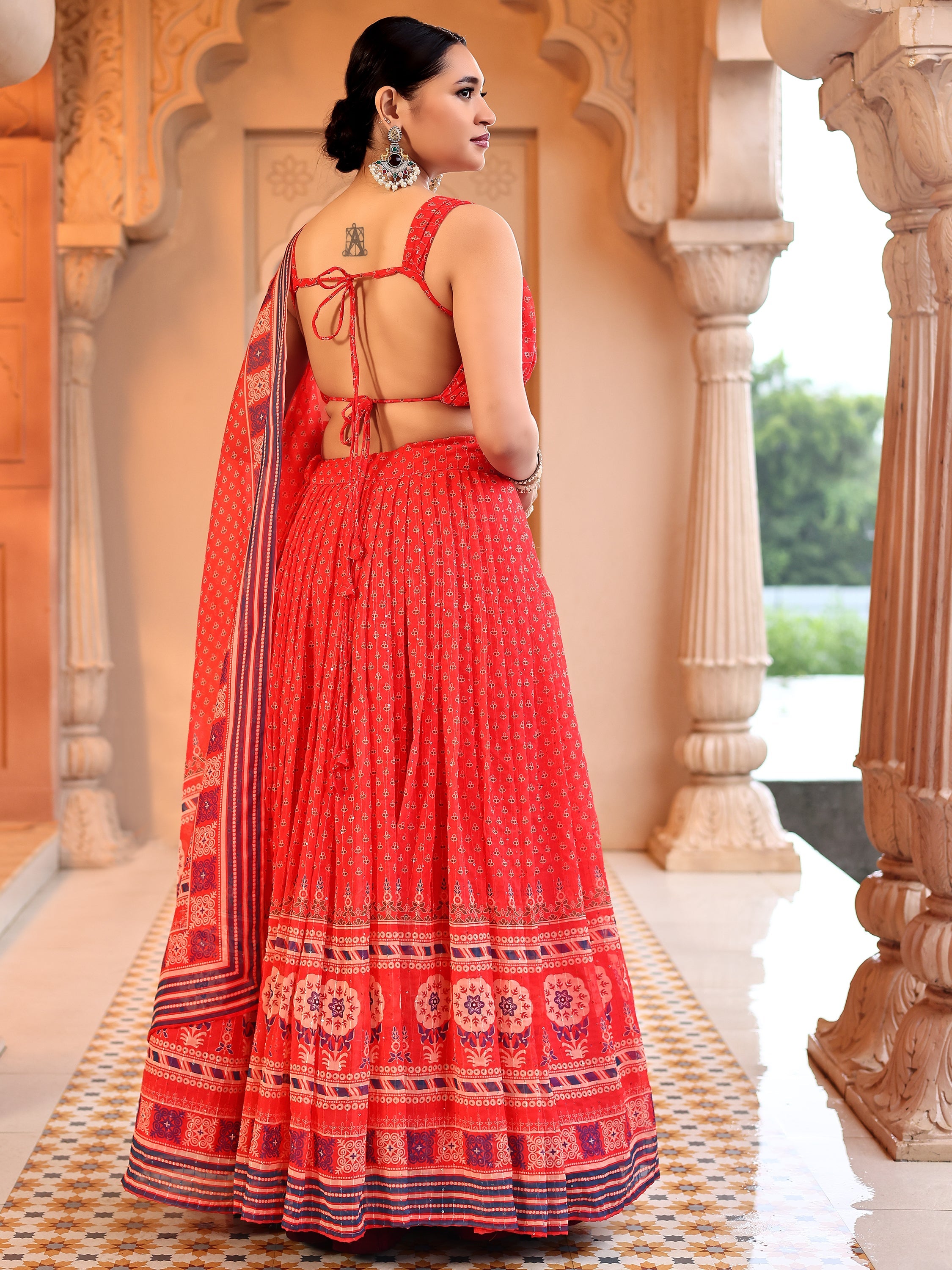 Red Printed Sequin Chiffon Lehenga Choli