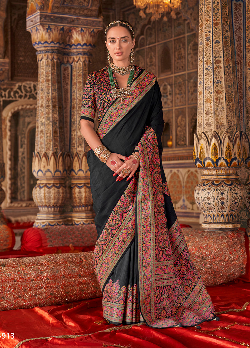 Black Silk Luxury Print Festival Wear Classic Saree