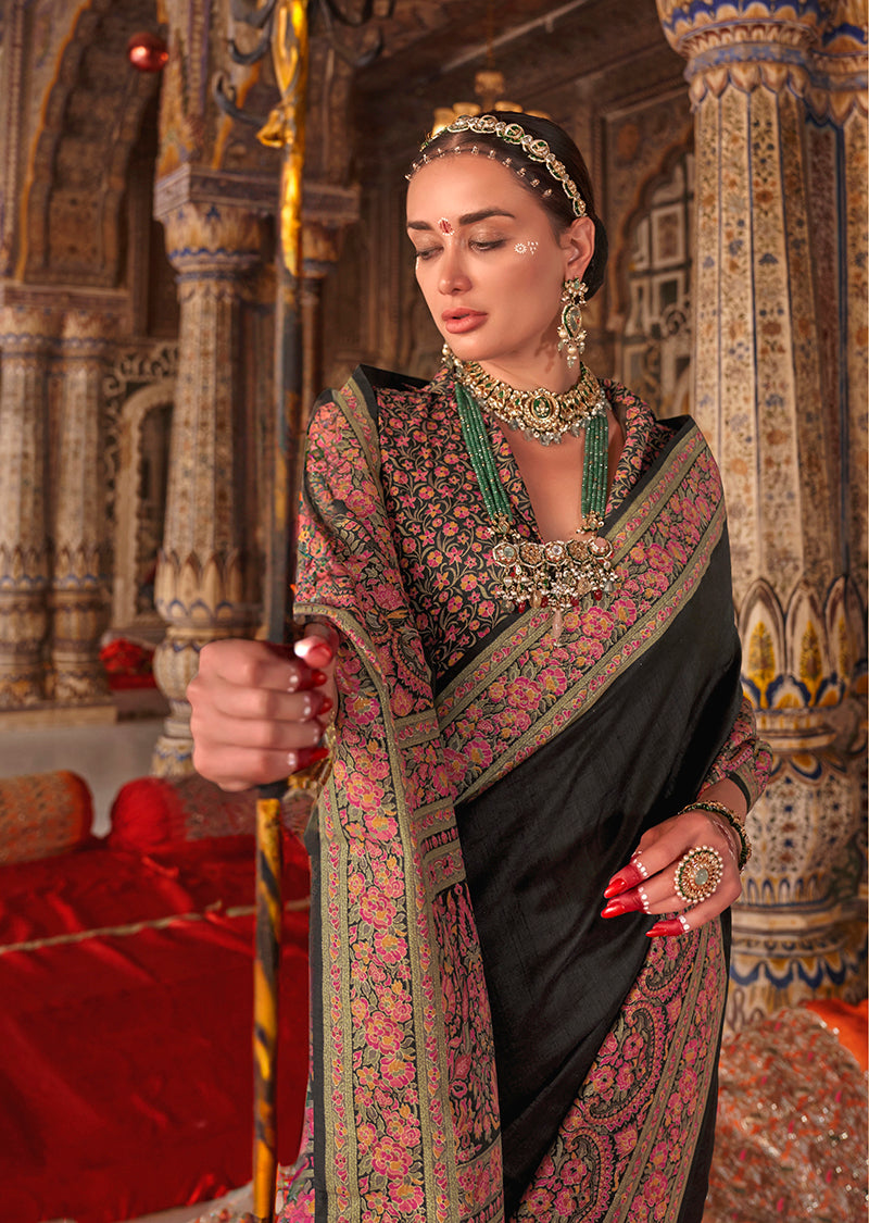 Black Silk Luxury Print Festival Wear Classic Saree