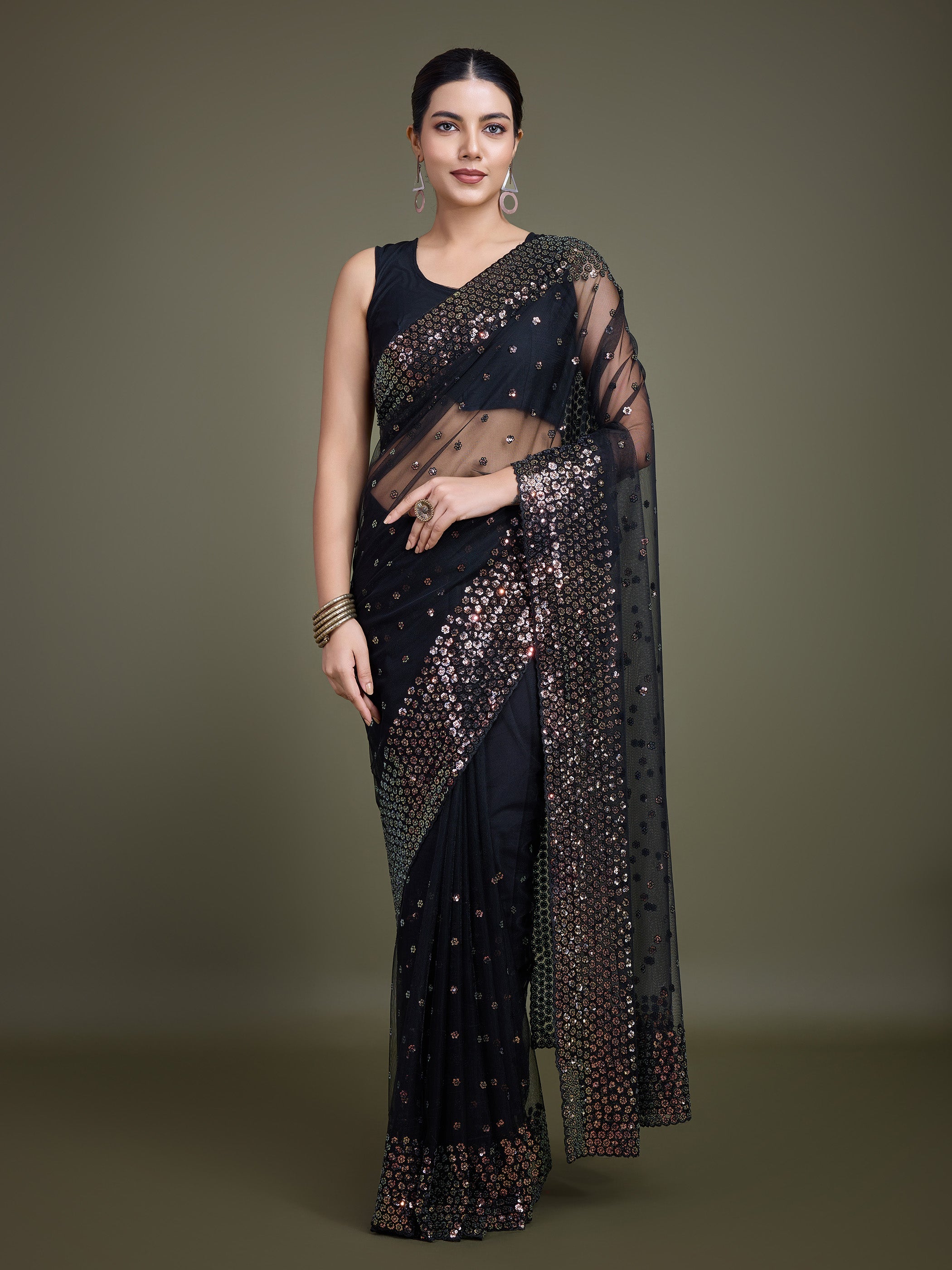 Black Soft Net  Sequins Work Designer Saree