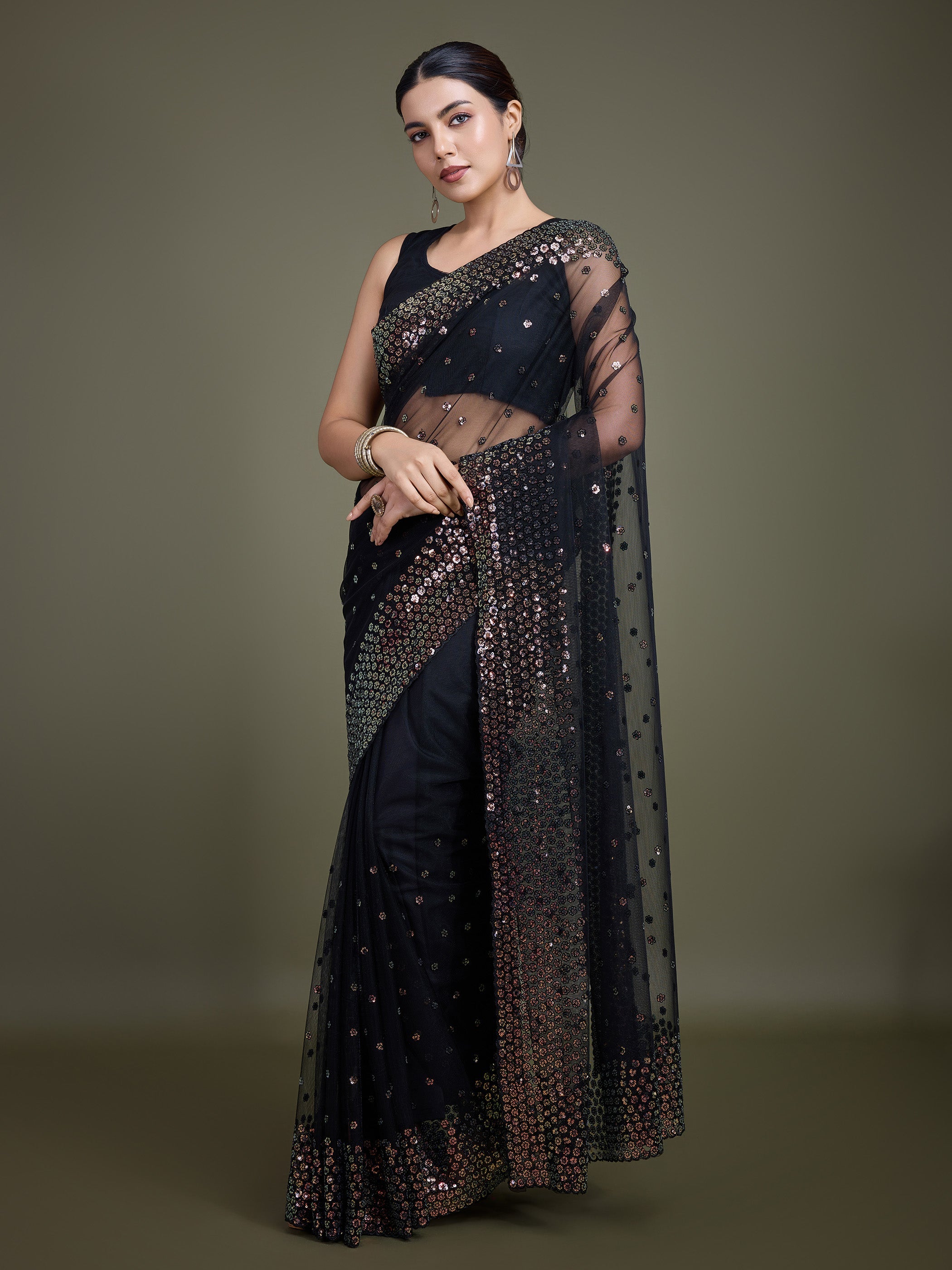 Black Soft Net  Sequins Work Designer Saree