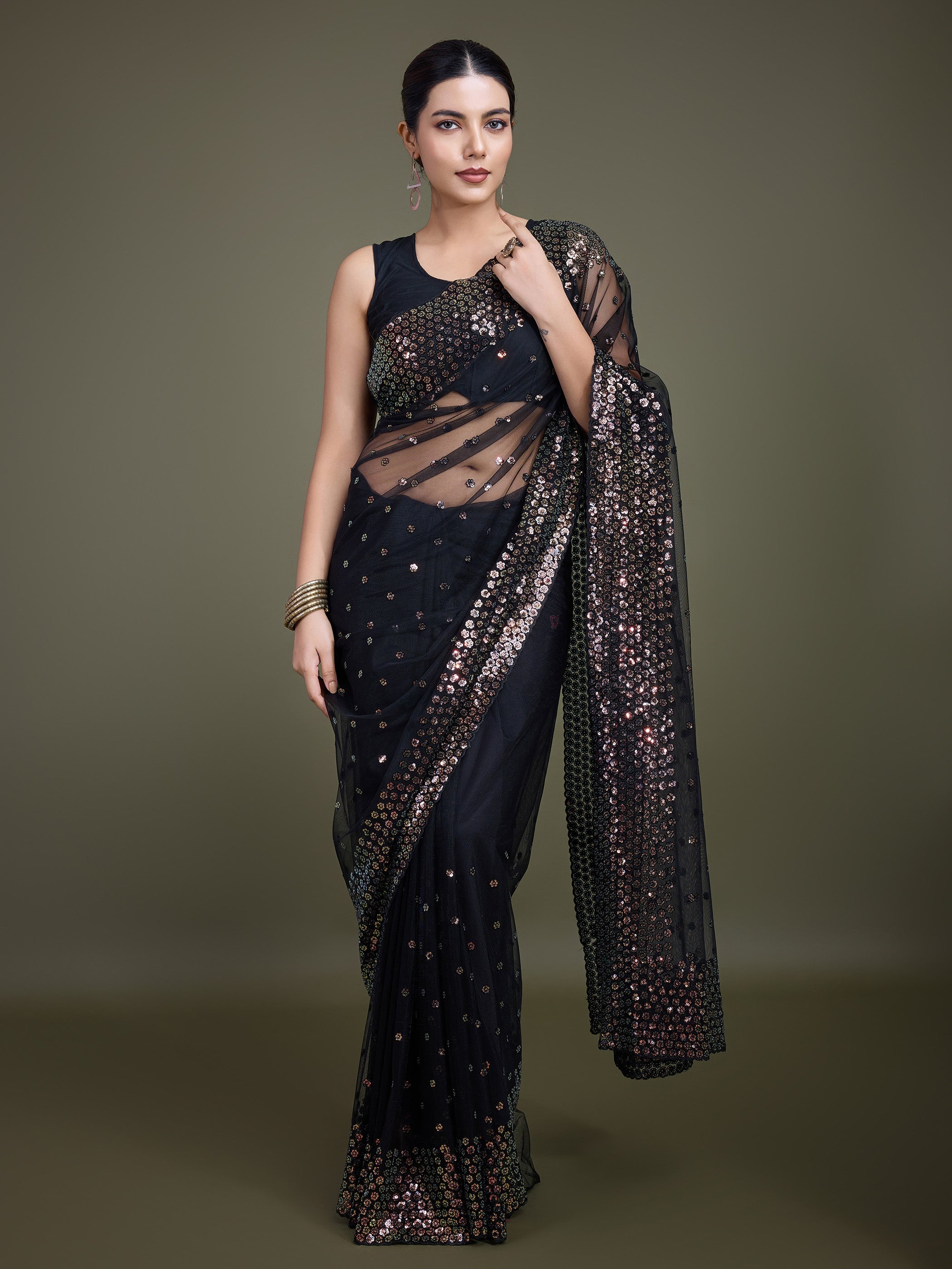 Black Soft Net  Sequins Work Designer Saree