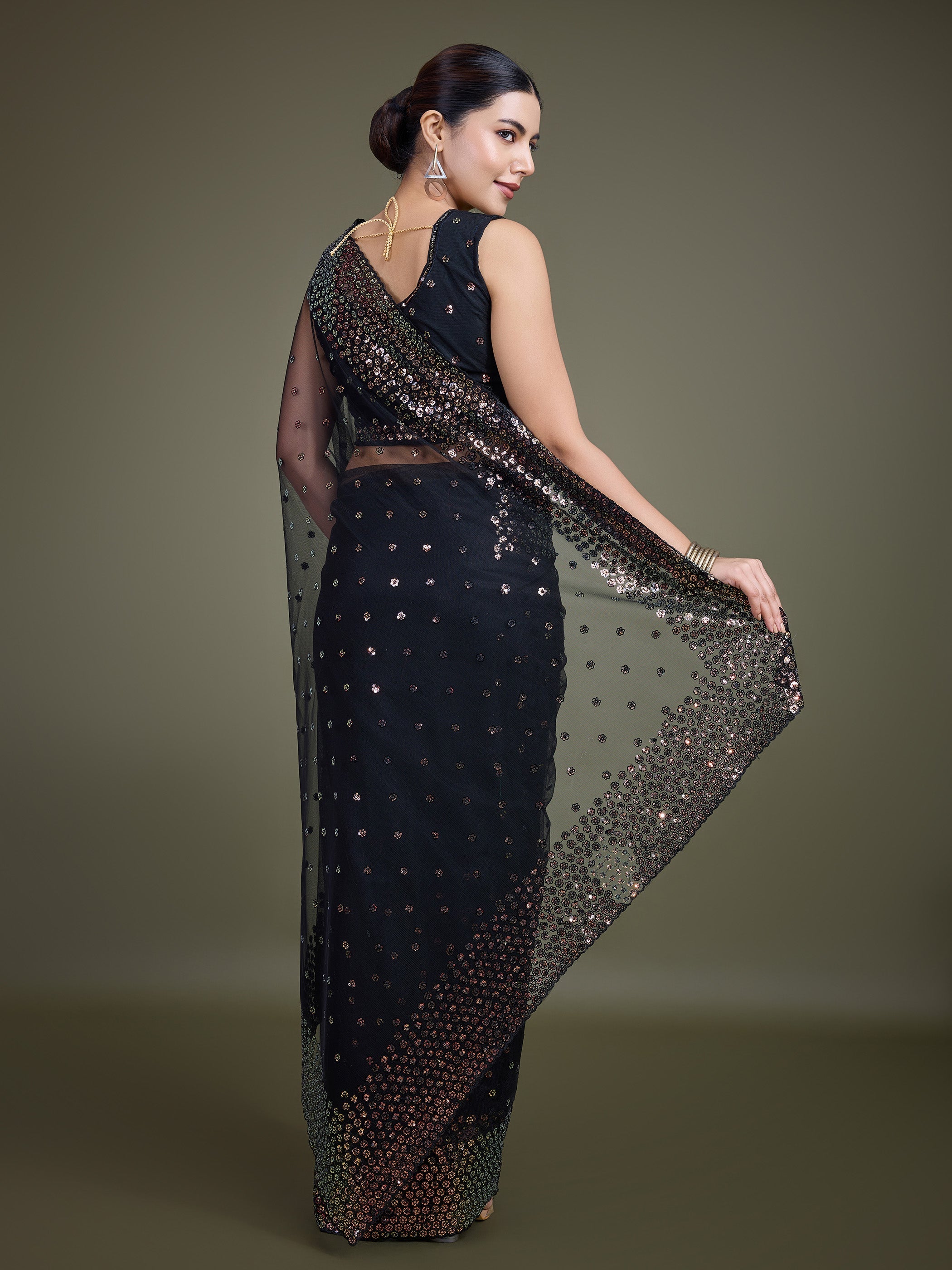 Black Soft Net  Sequins Work Designer Saree