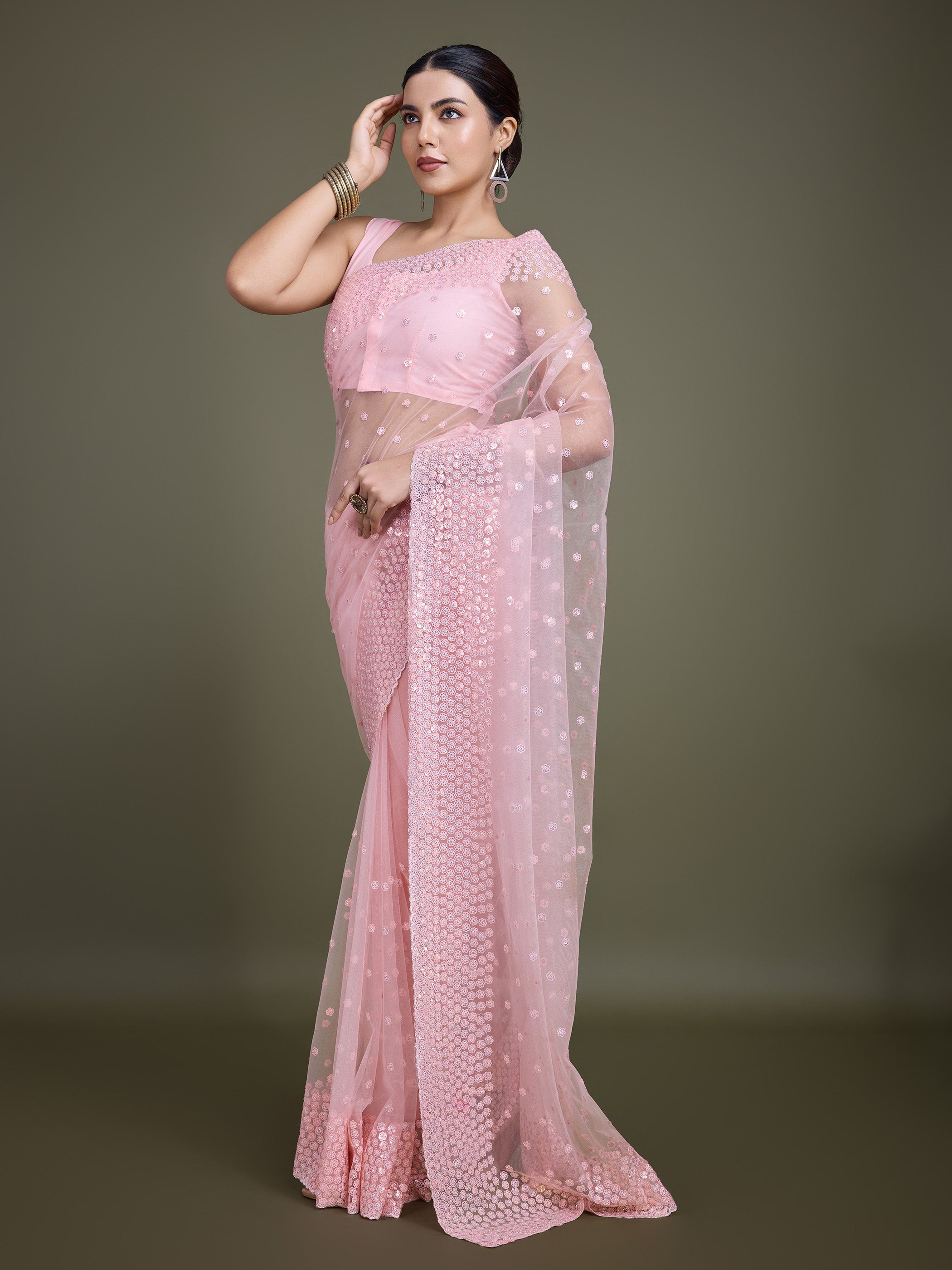 Light Pink Soft Net  Sequins Designer Saree