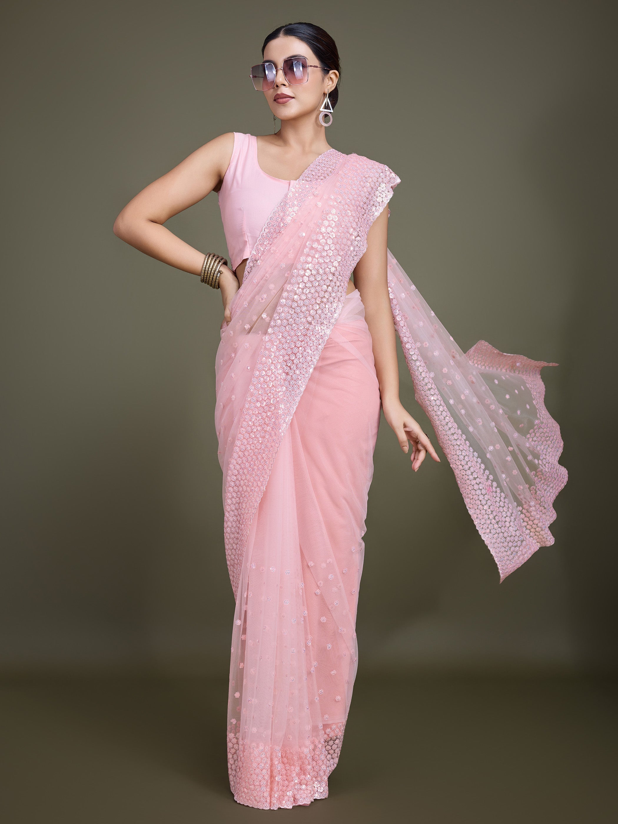 Light Pink Soft Net  Sequins Designer Saree