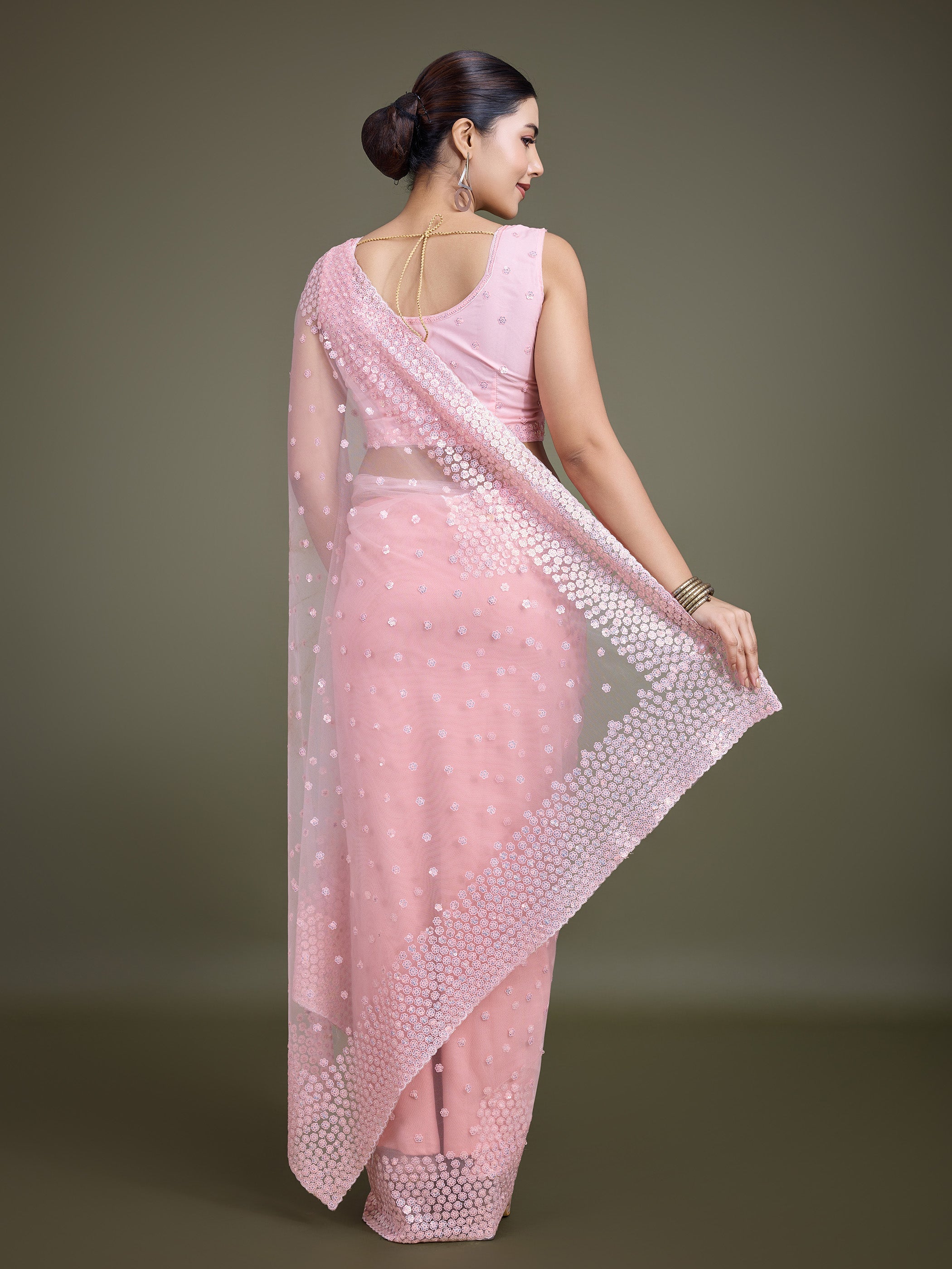 Light Pink Soft Net  Sequins Designer Saree