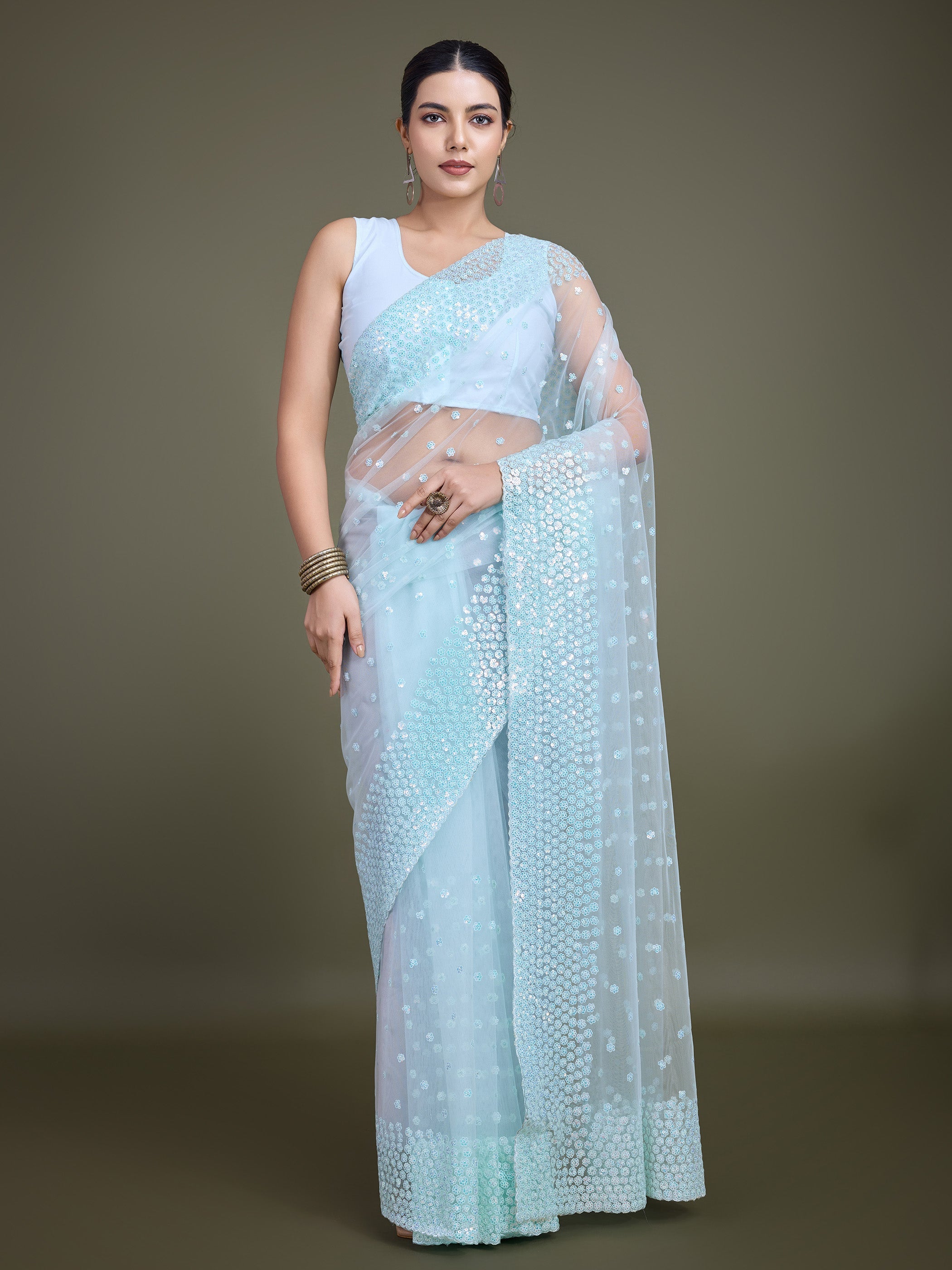 Light Sky Blue Soft Net  Sequins Work Designer Saree