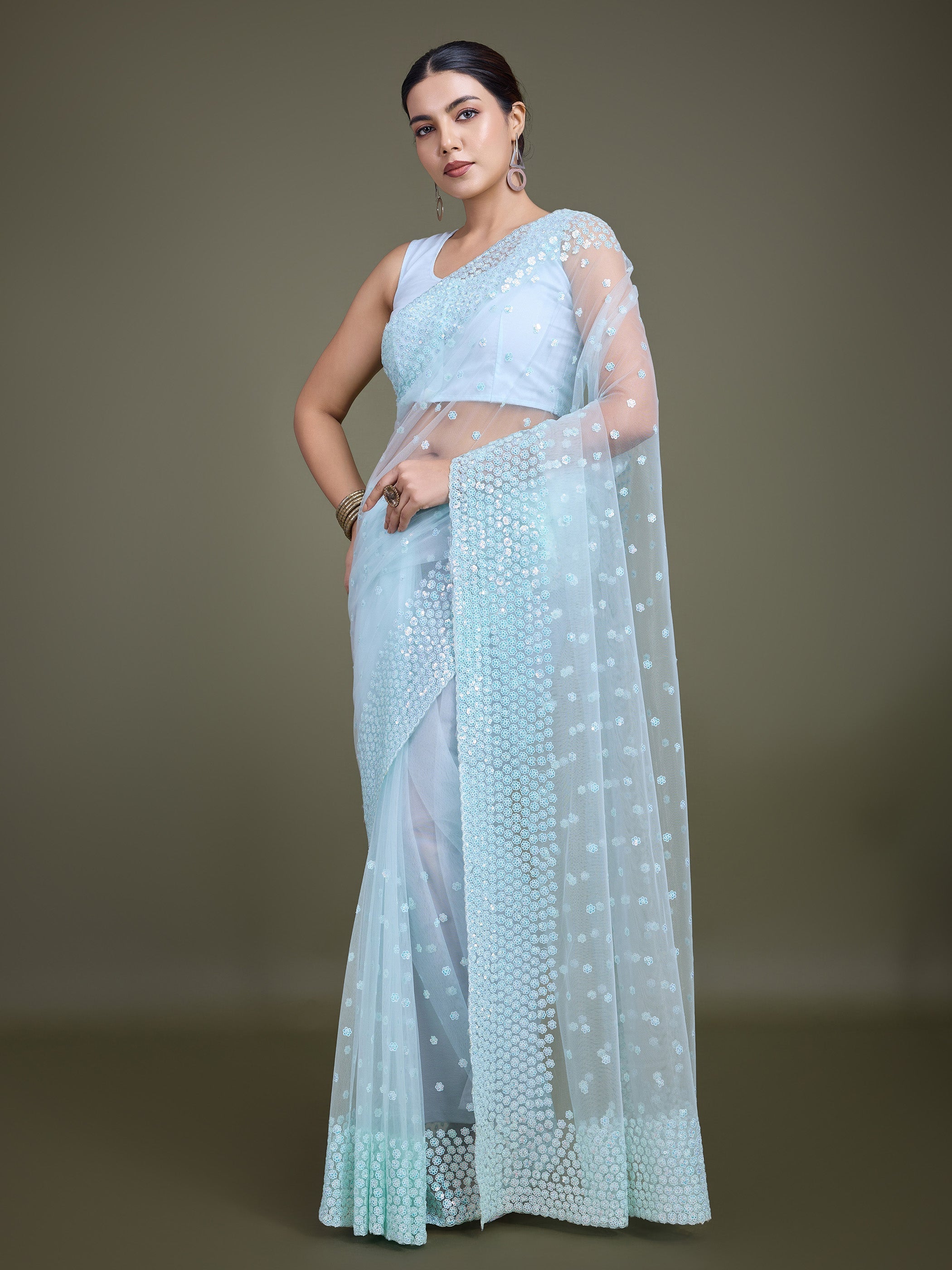 Light Sky Blue Soft Net  Sequins Work Designer Saree