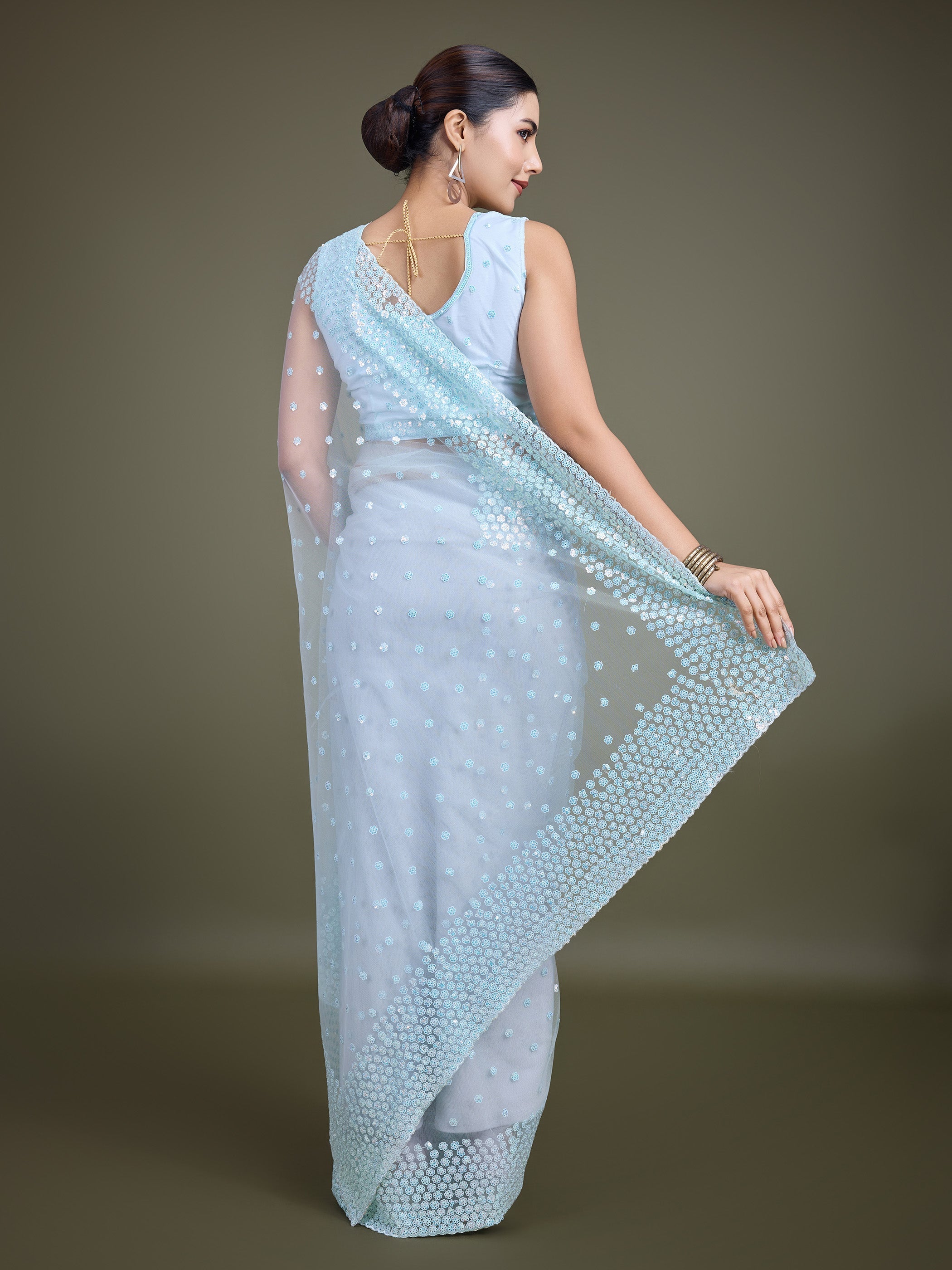 Light Sky Blue Soft Net  Sequins Work Designer Saree