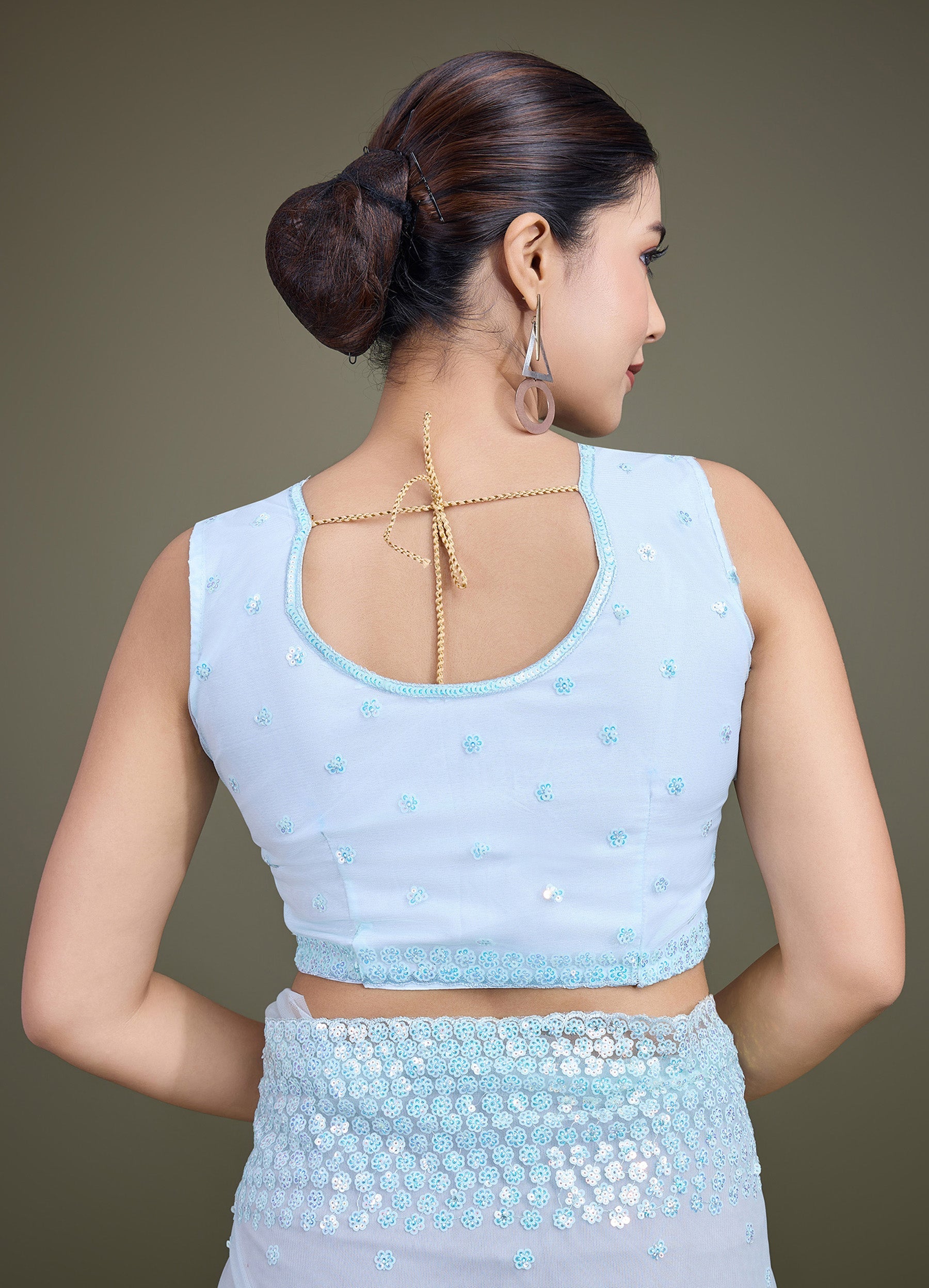 Light Sky Blue Soft Net  Sequins Work Designer Saree