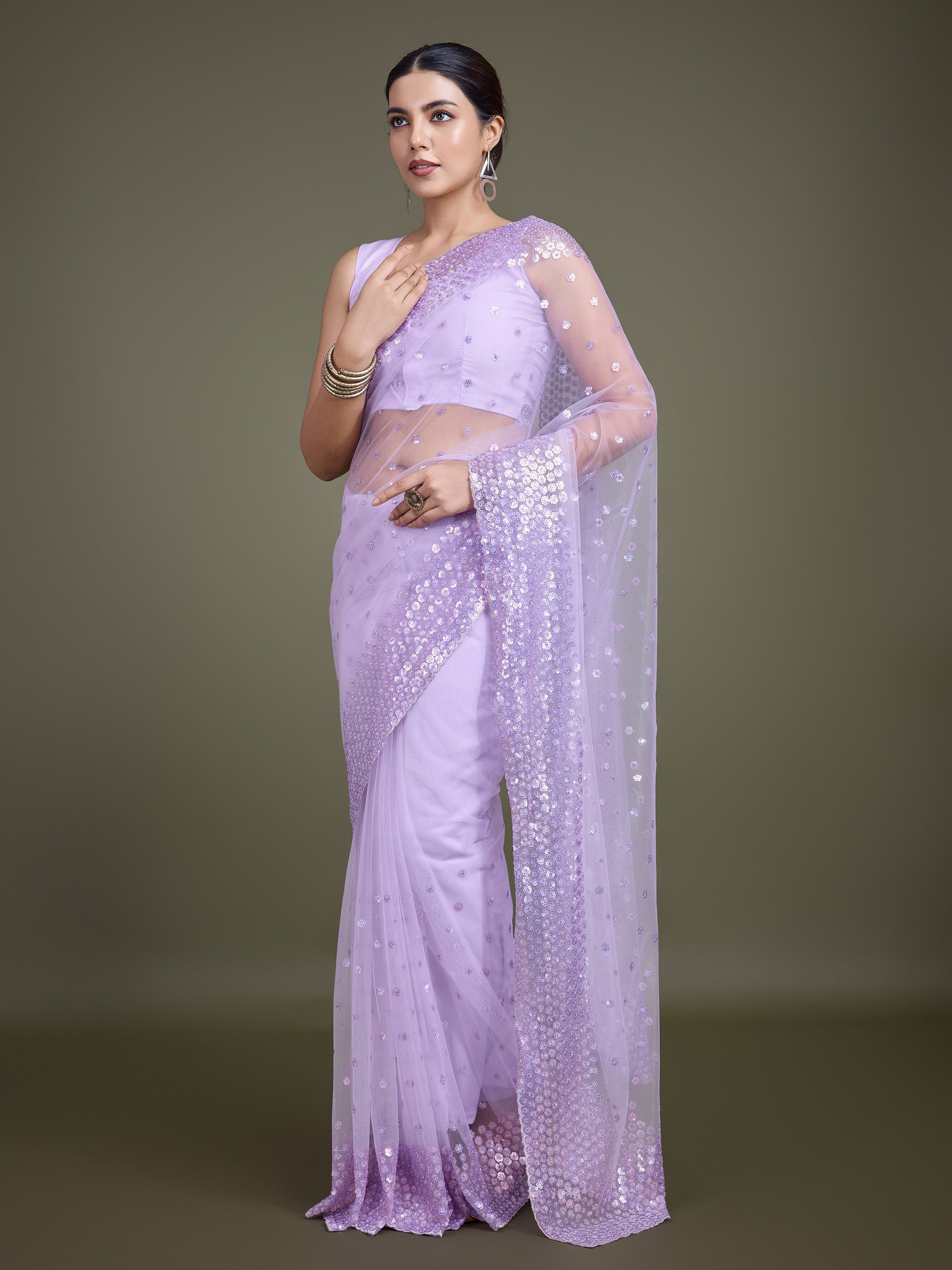 Lavender Soft Net Sequins  Designer Saree