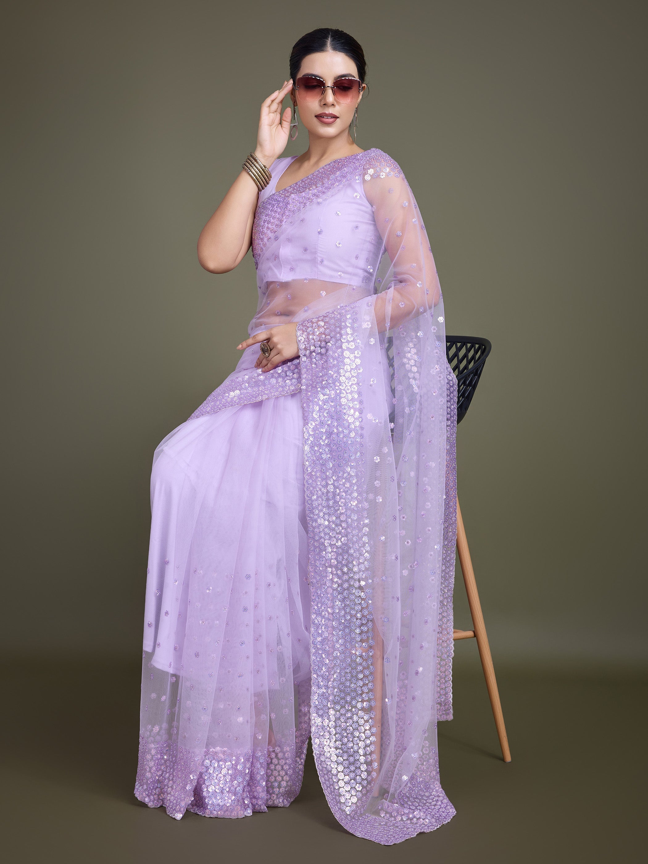 Lavender Soft Net Sequins  Designer Saree