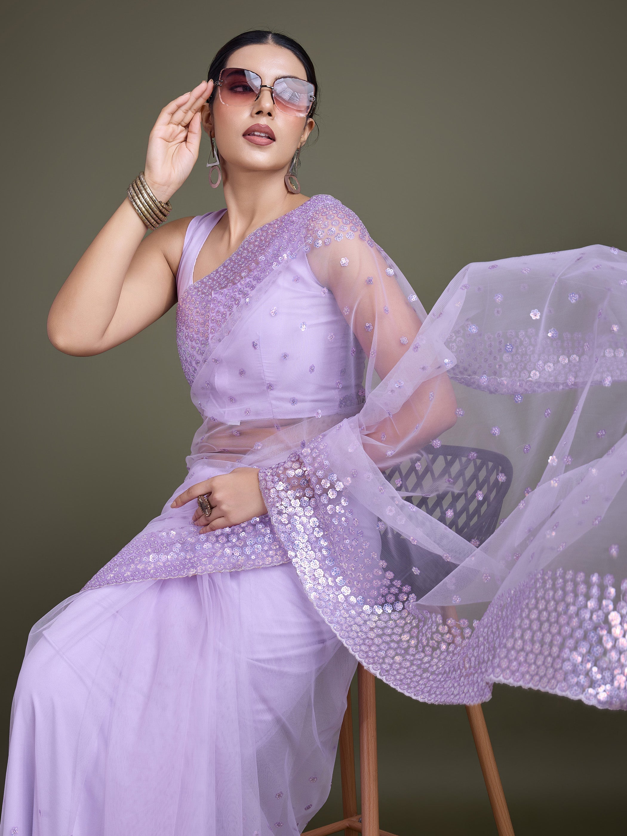 Lavender Soft Net Sequins  Designer Saree