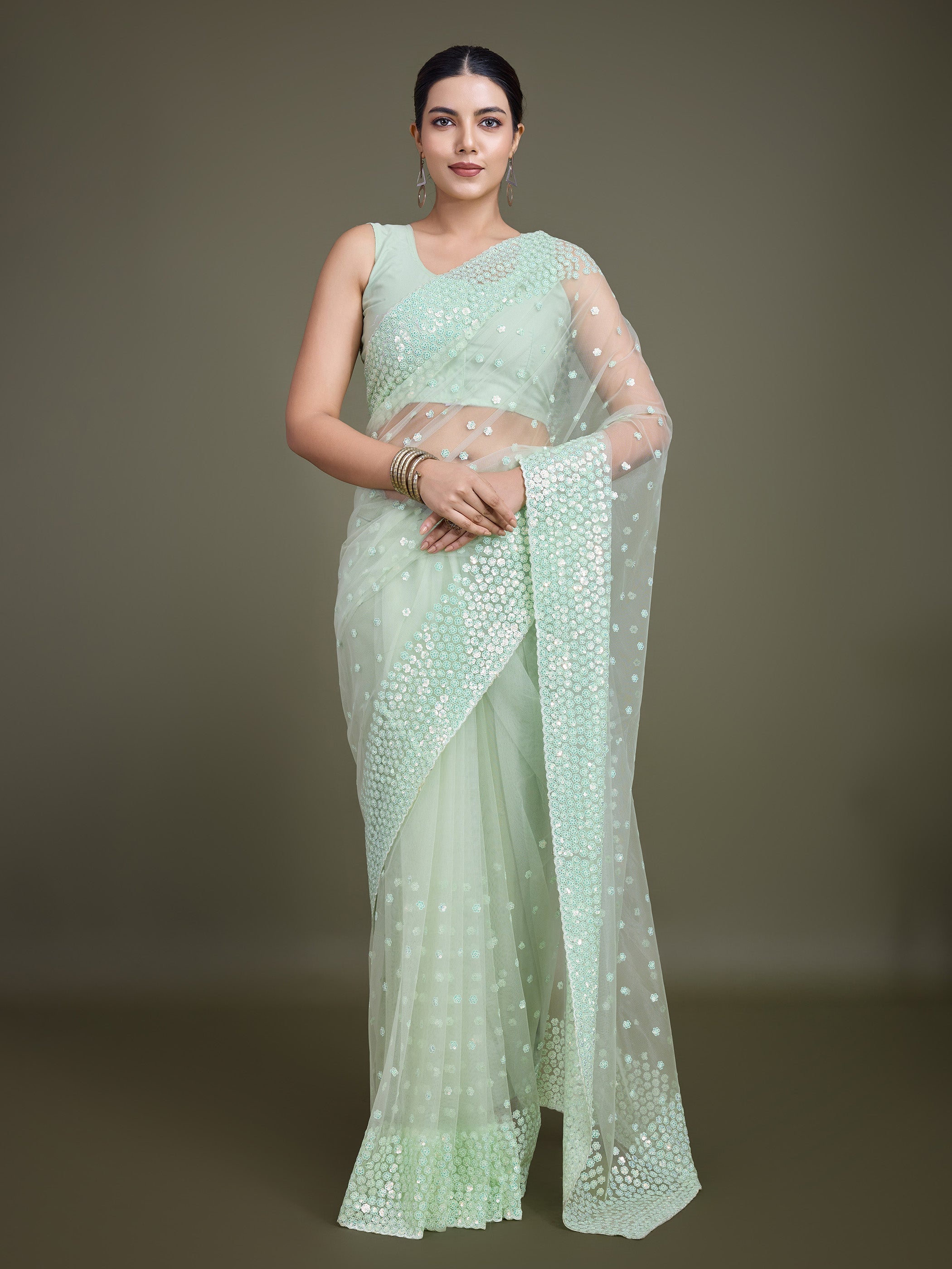 Light Green Soft Net Sequins Embroidery Work Designer Saree