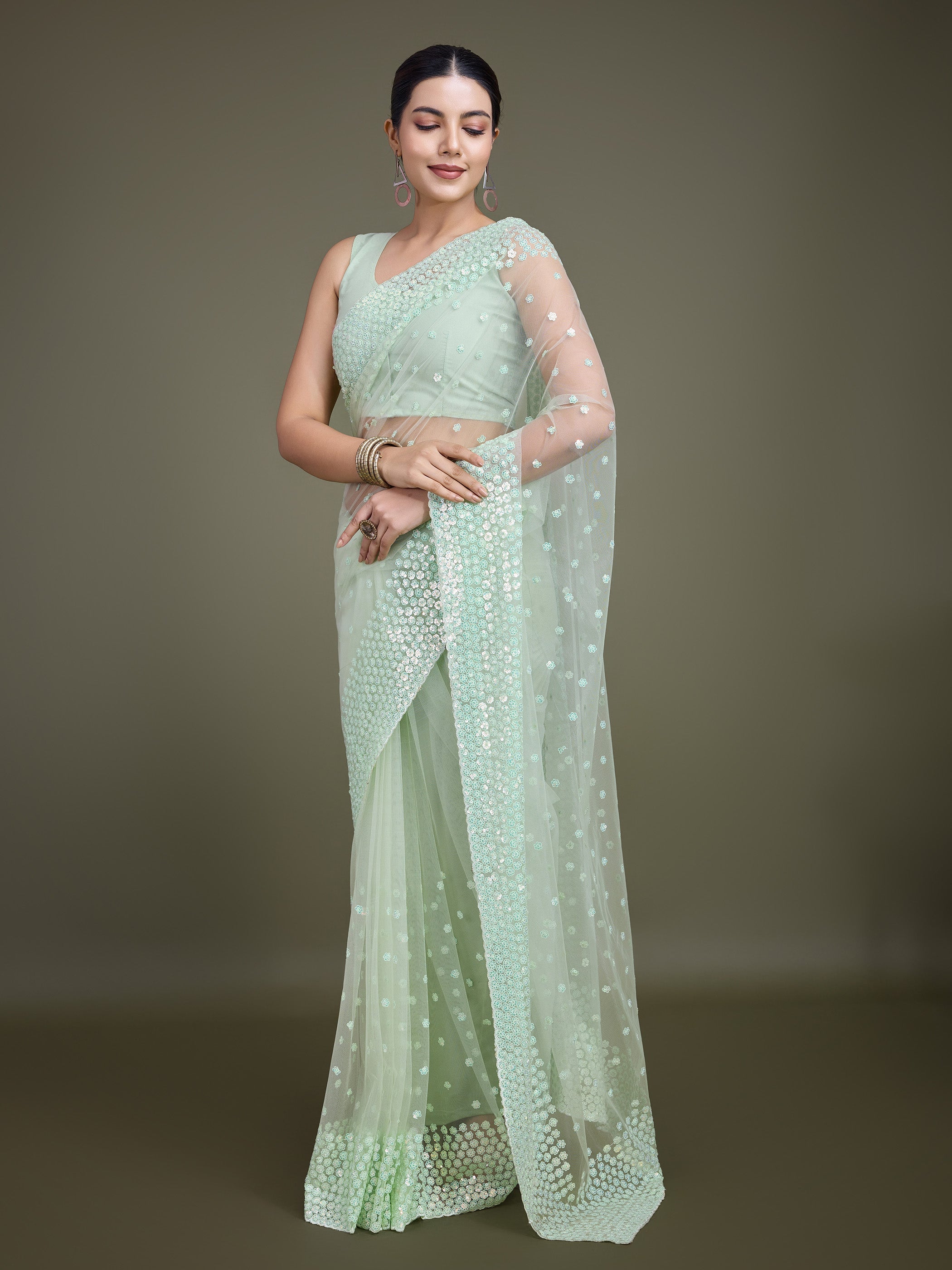 Light Green Soft Net Sequins Embroidery Work Designer Saree