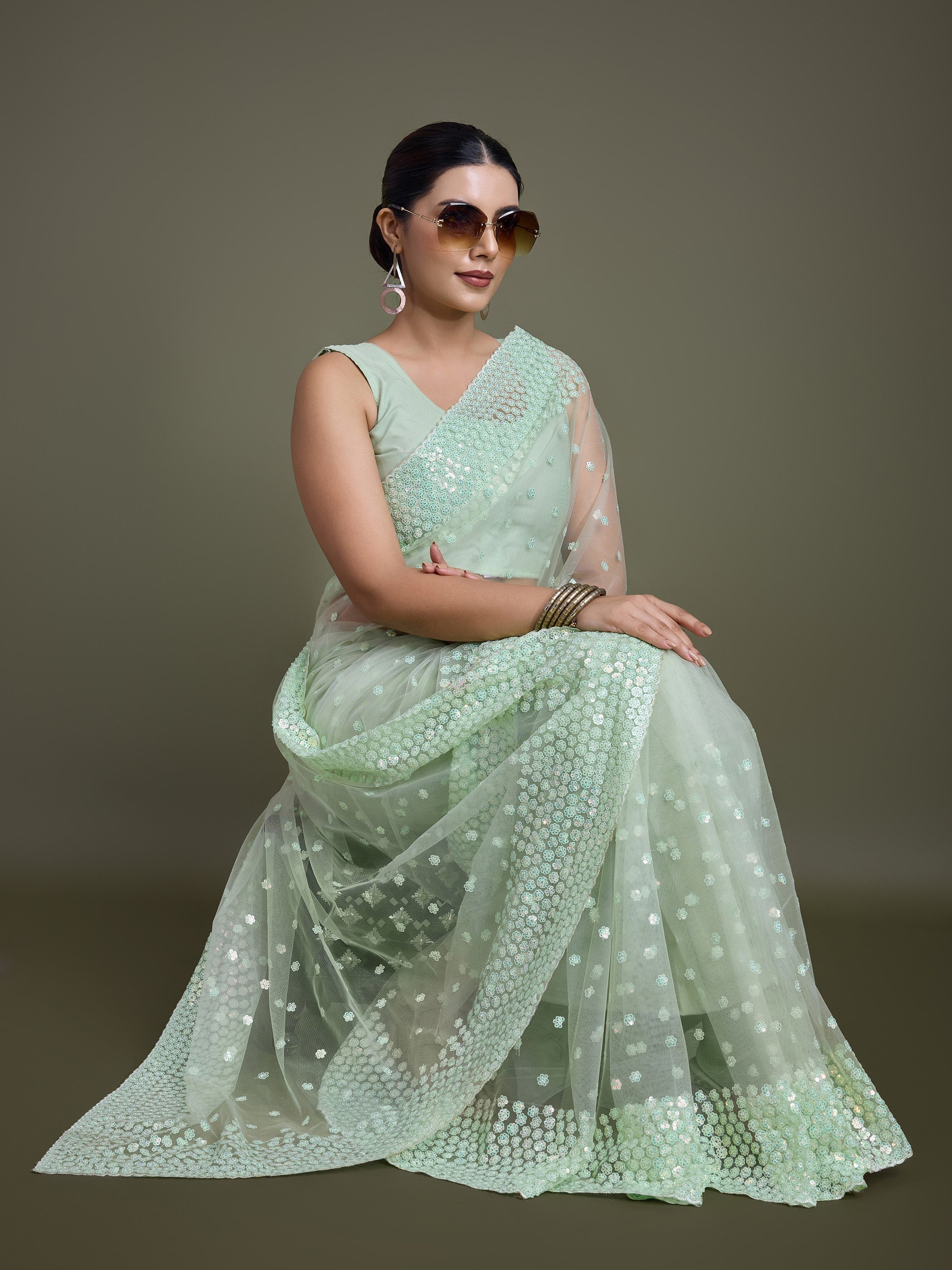 Light Green Soft Net Sequins Embroidery Work Designer Saree