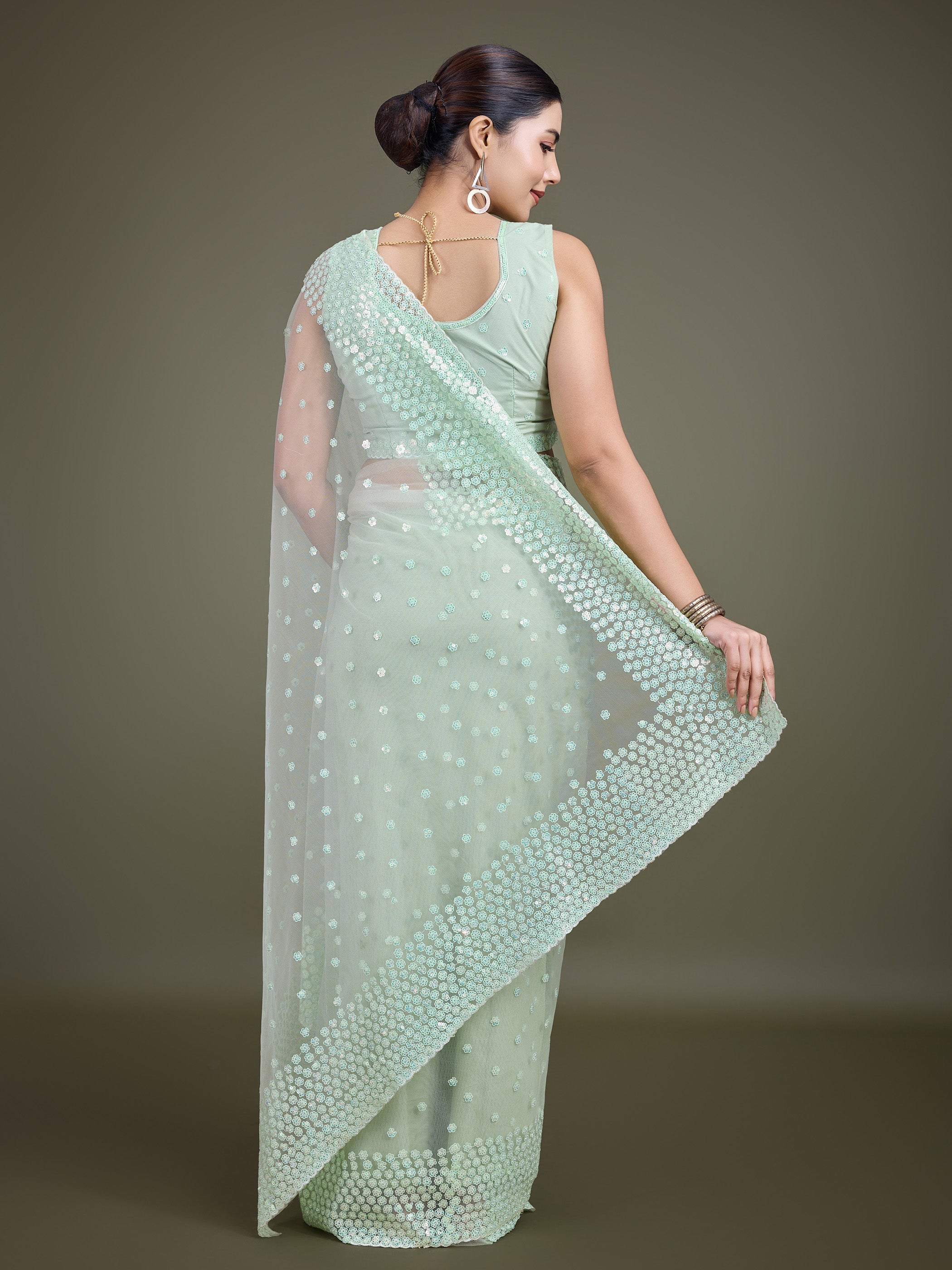 Light Green Soft Net Sequins Embroidery Work Designer Saree