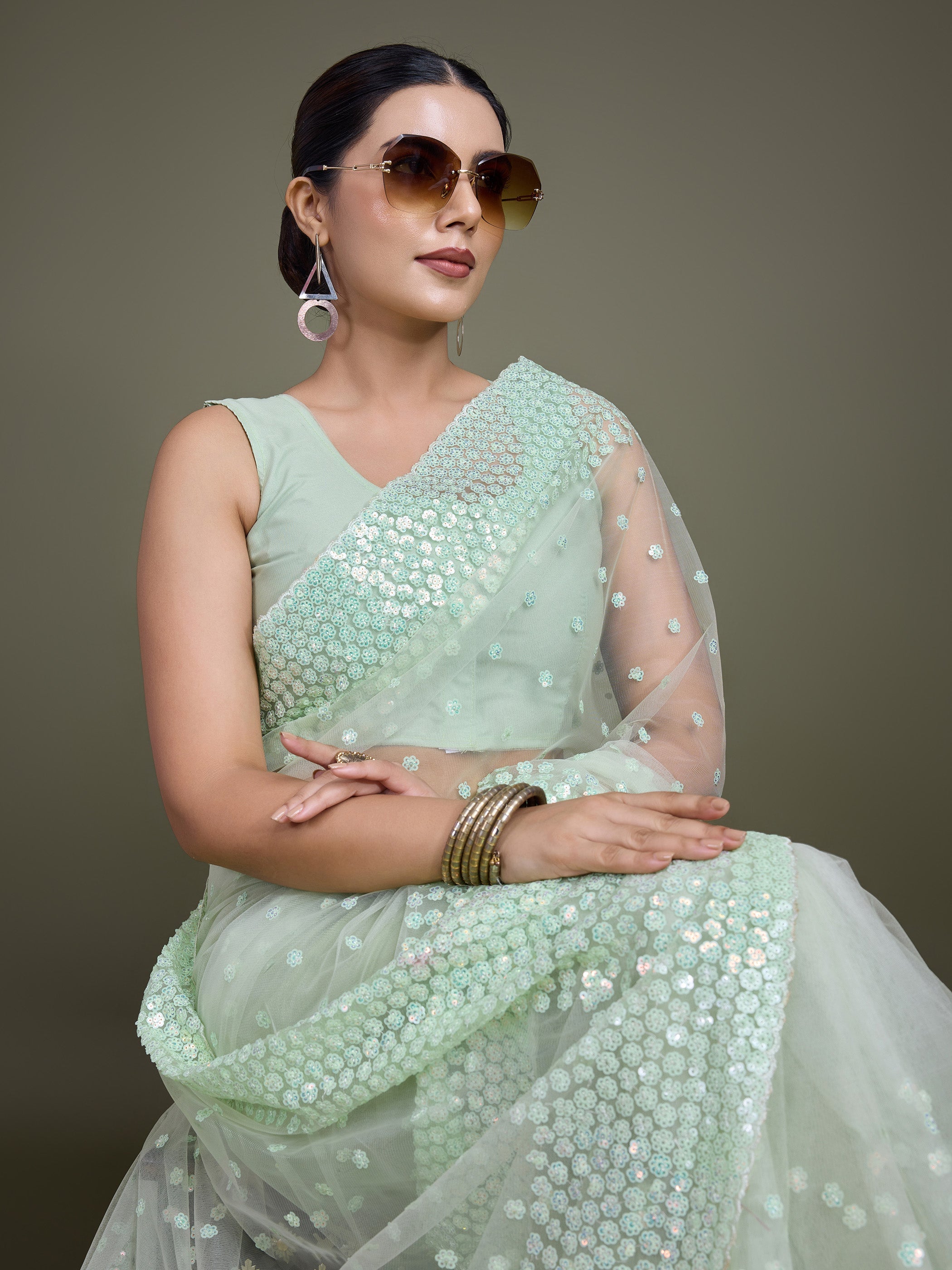 Light Green Soft Net Sequins Embroidery Work Designer Saree
