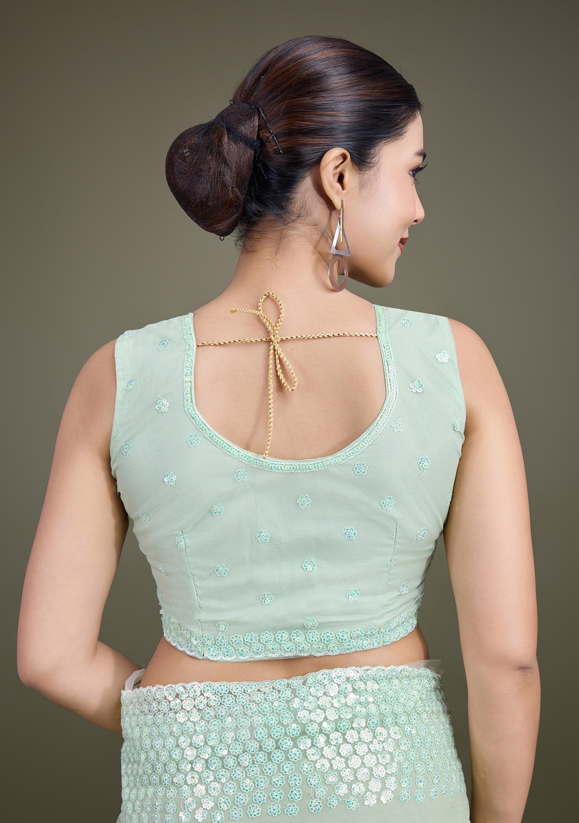 Light Green Soft Net Sequins Embroidery Work Designer Saree